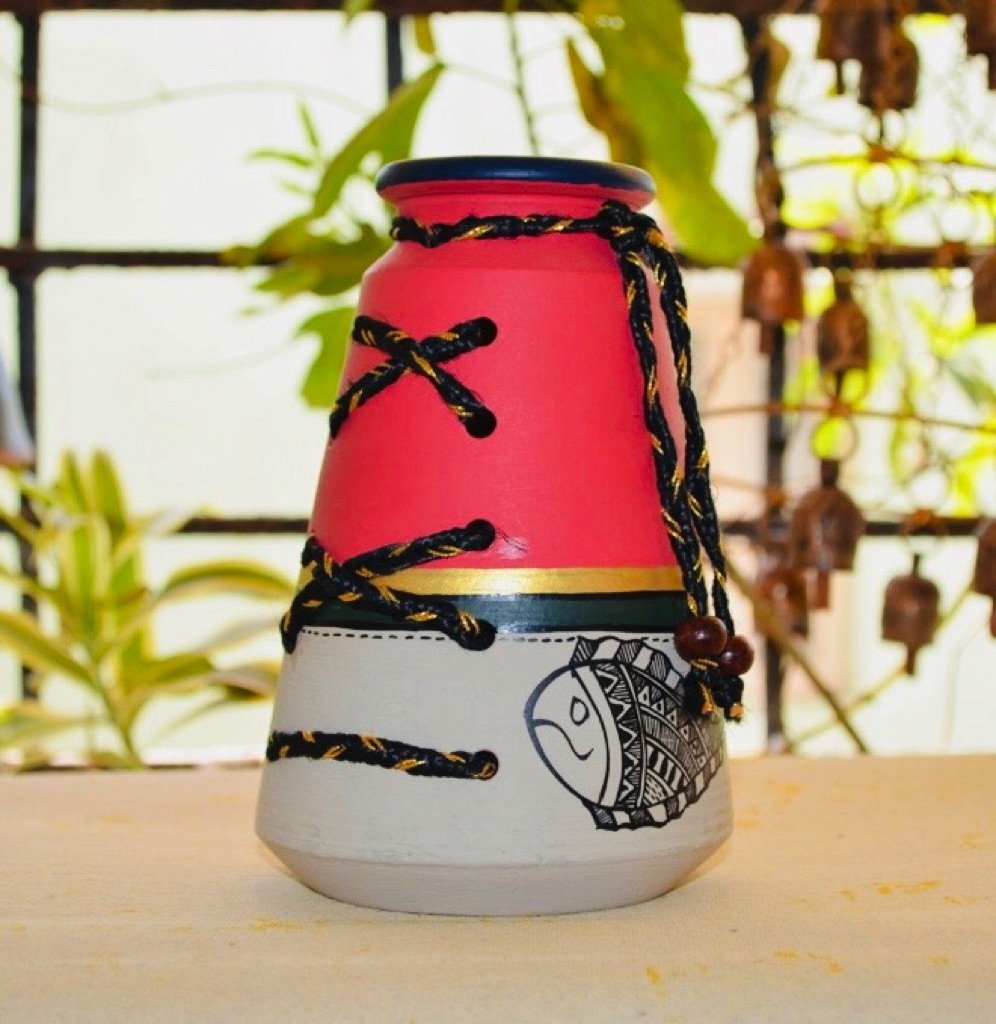 Madhubani Painted Red Pot Threaded Style Pottery Decor By Tamrapatra - Tamrapatra