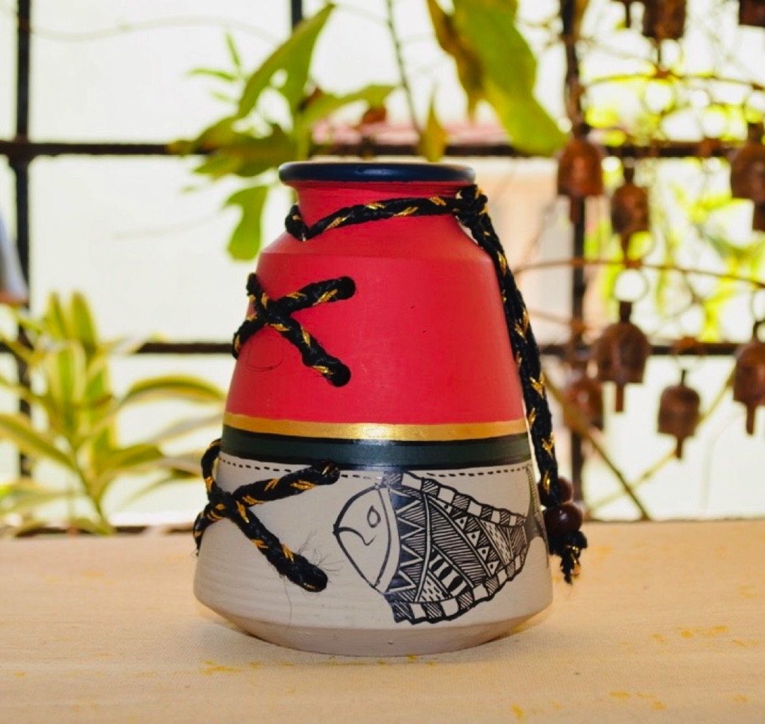 Madhubani Painted Red Pot Threaded Style Pottery Decor By Tamrapatra - Tamrapatra