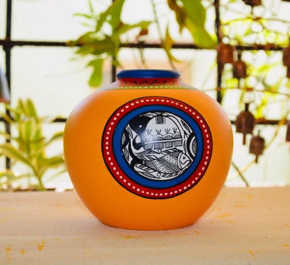 Matki Warli Style Pot Unparalleled Pottery Various Shades Tamrapatra - Tamrapatra