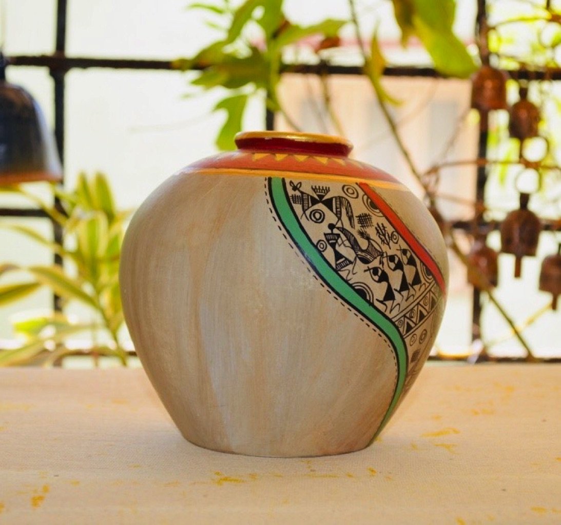 Matki Warli Style Pot Unparalleled Pottery Various Shades Tamrapatra - Tamrapatra