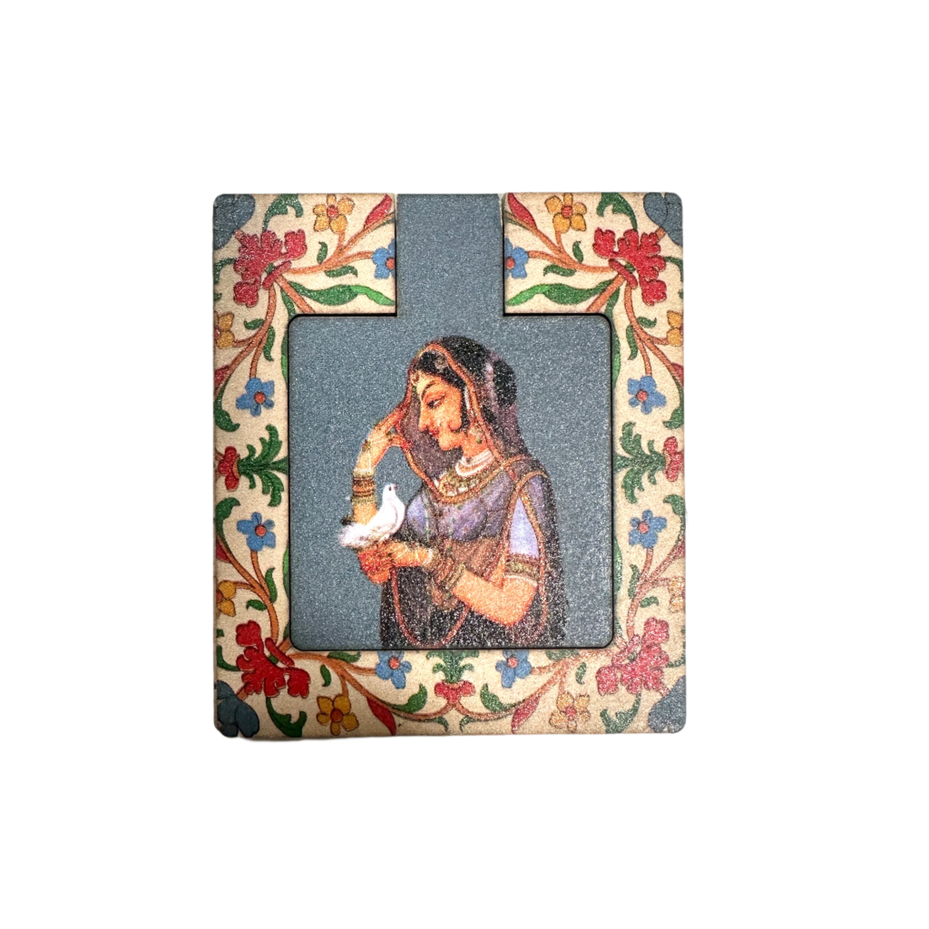 Decorative photo frame with a woman holding a dove design on a white background