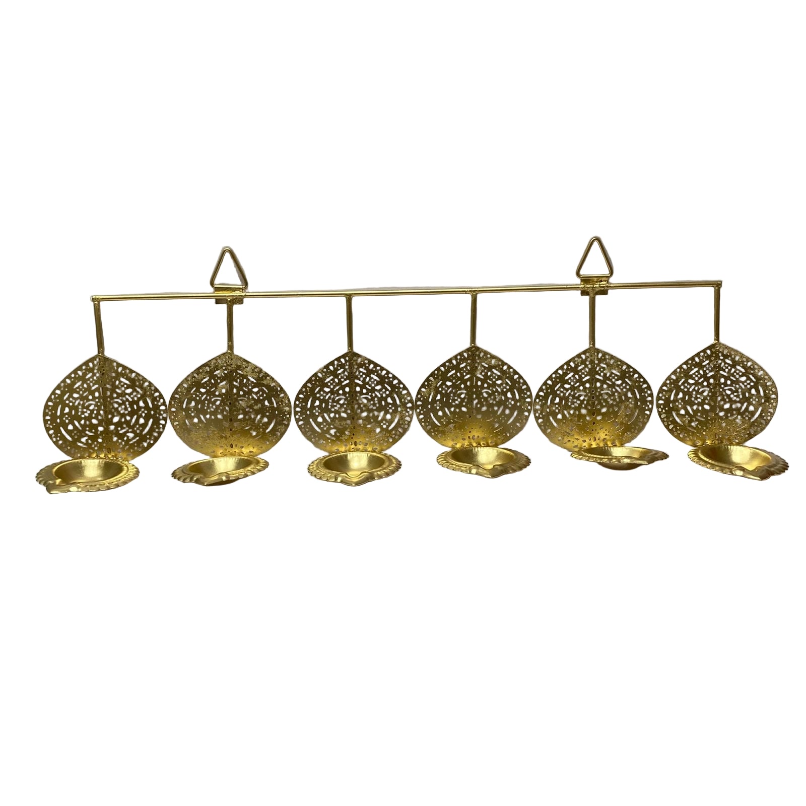 Set of gold decorative holders with small bowls on a white background