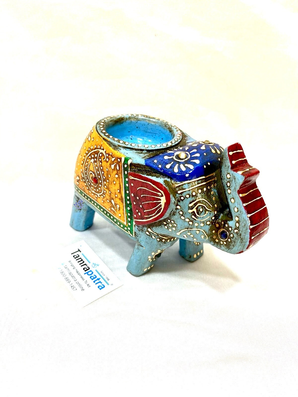 Elephant Tea Light Holder Hand Painted & Carved Wood Collection By Tamrapatra