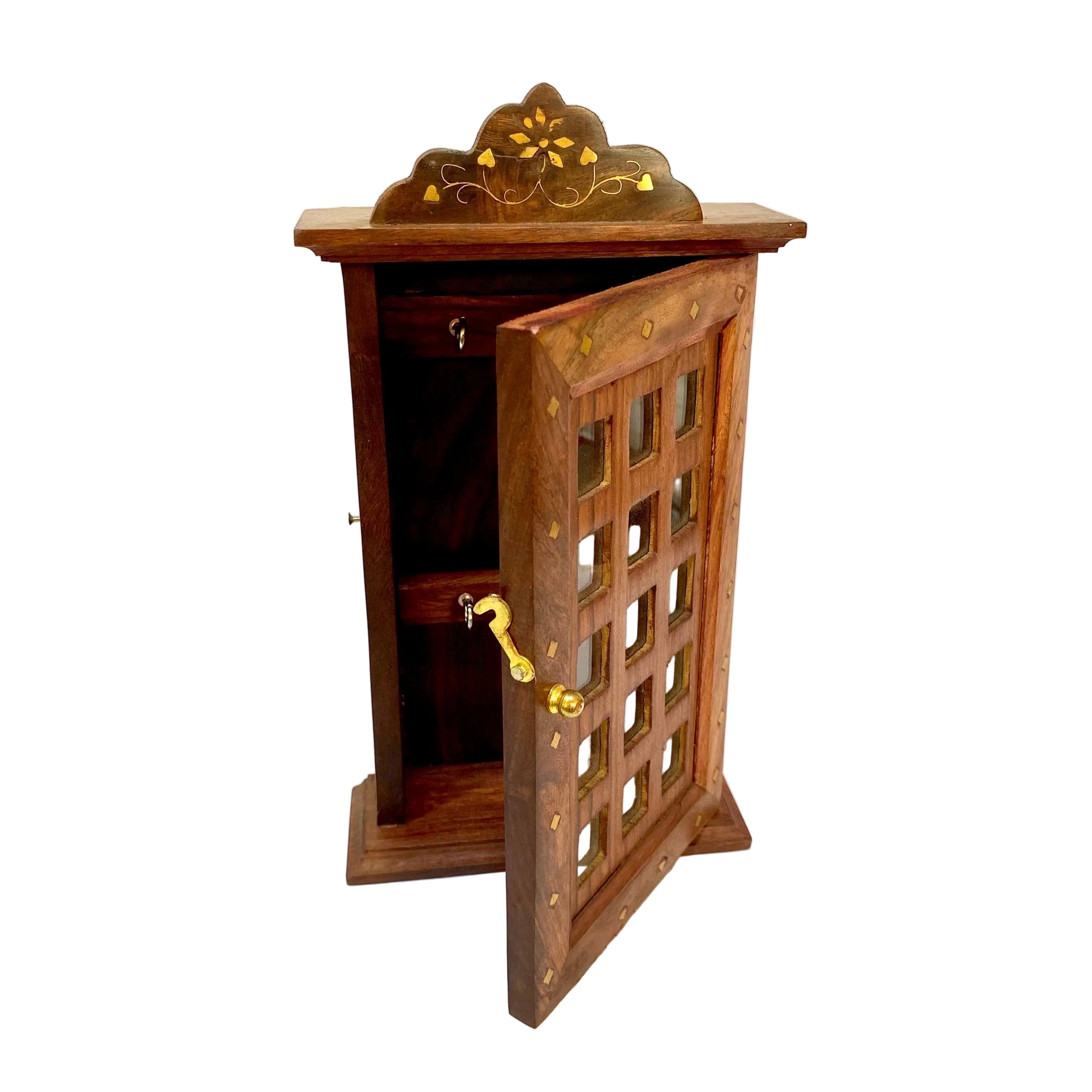 Wooden jewelry cabinet with decorative elements on a white background