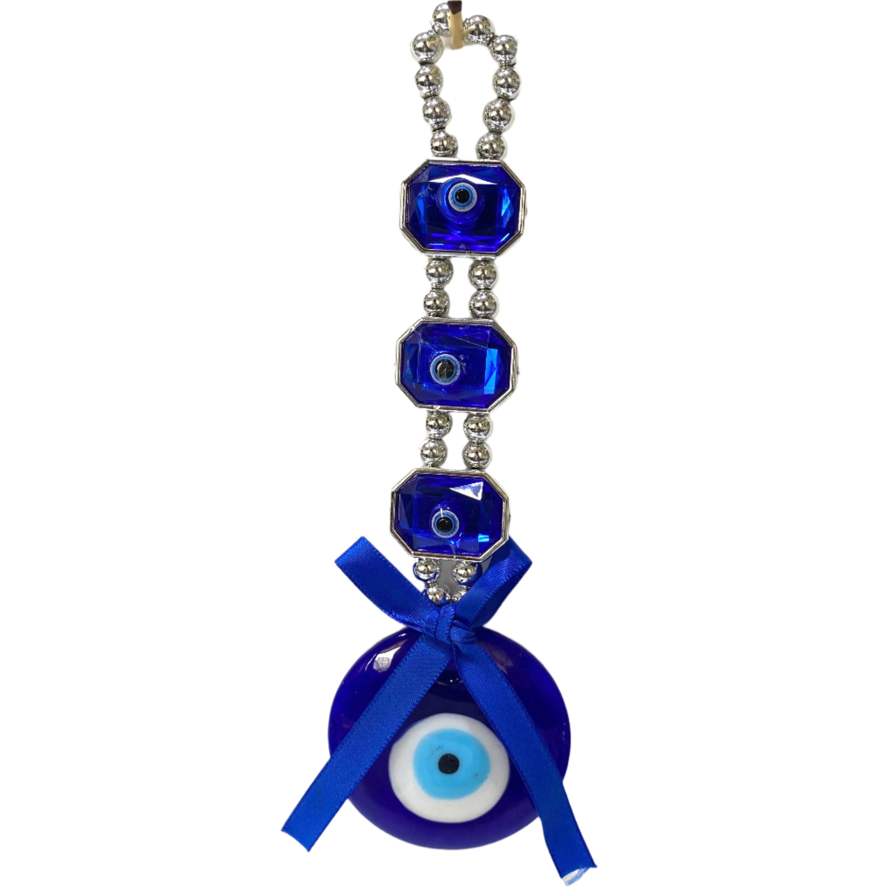 Decorative hanging with blue beads and a blue ribbon on a white background