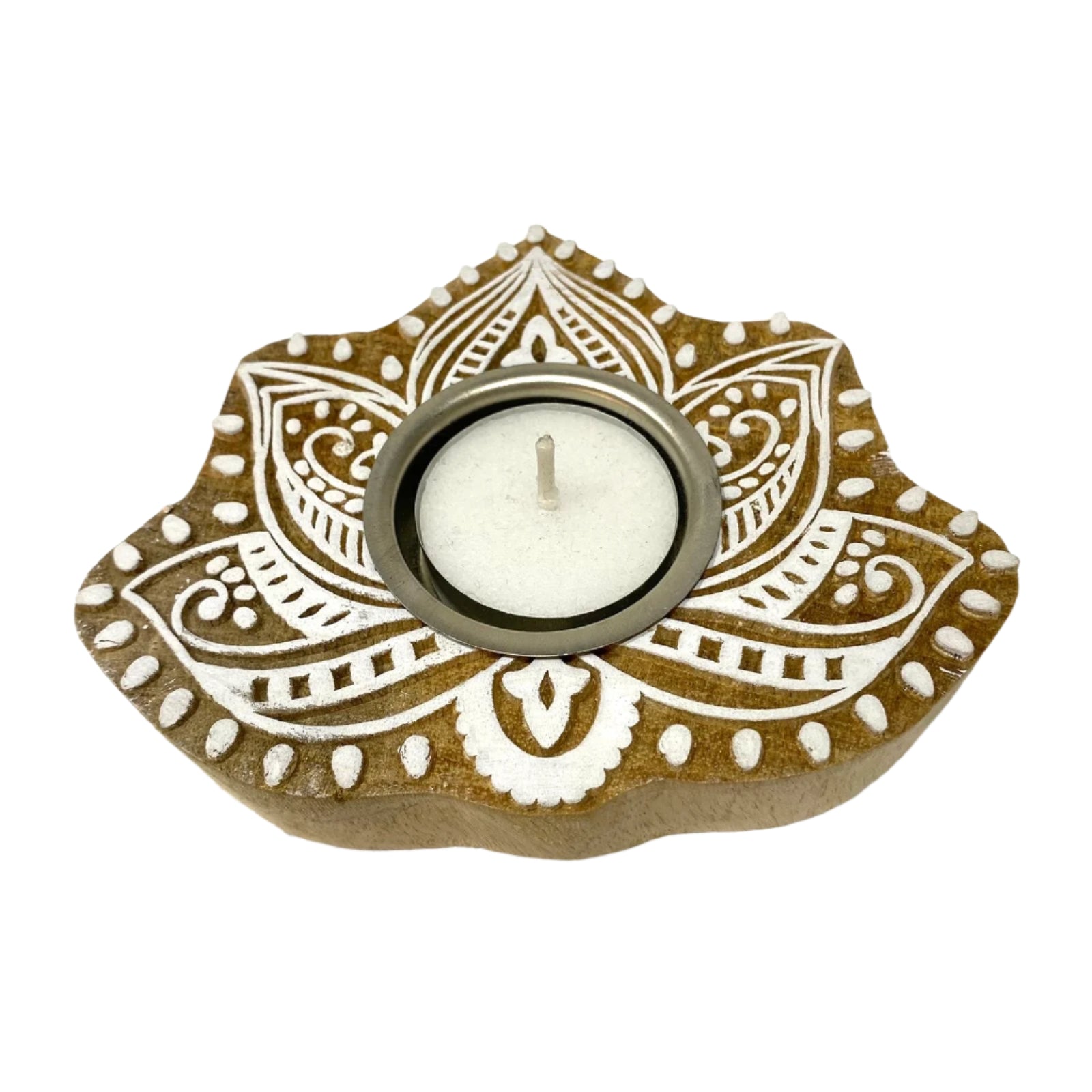 Decorative candle holder with white patterns on a white background