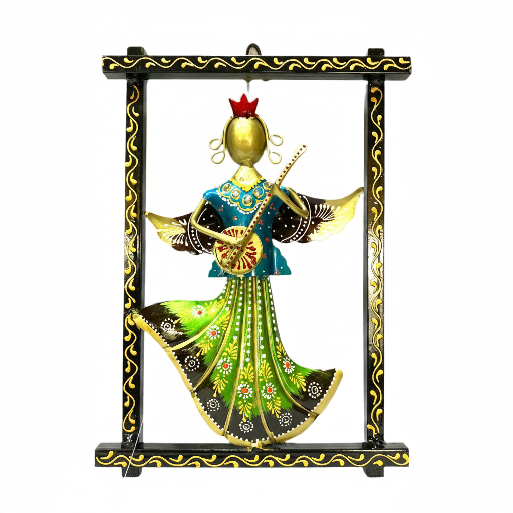 A handcrafted metal wall hanging of a musical theme with a black border and vibrant multicolour design, depicting a female figure with a crown and musical instruments.