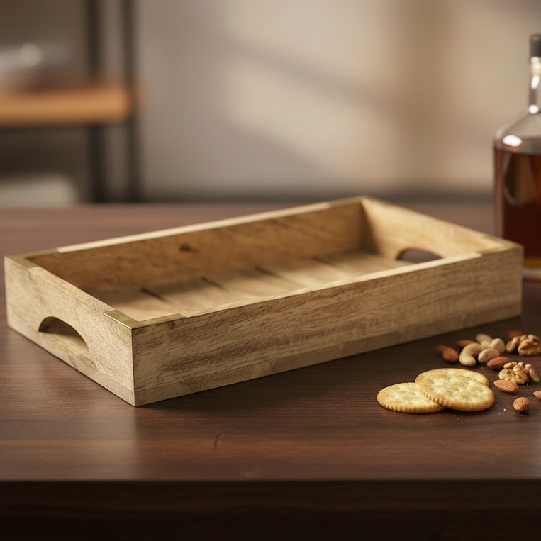 A rectangular light wood serving tray with cutout handles sits on a dark wooden table, styled with a bottle of whiskey, a glass of amber liquor, crackers, and nuts in a warm indoor setting.