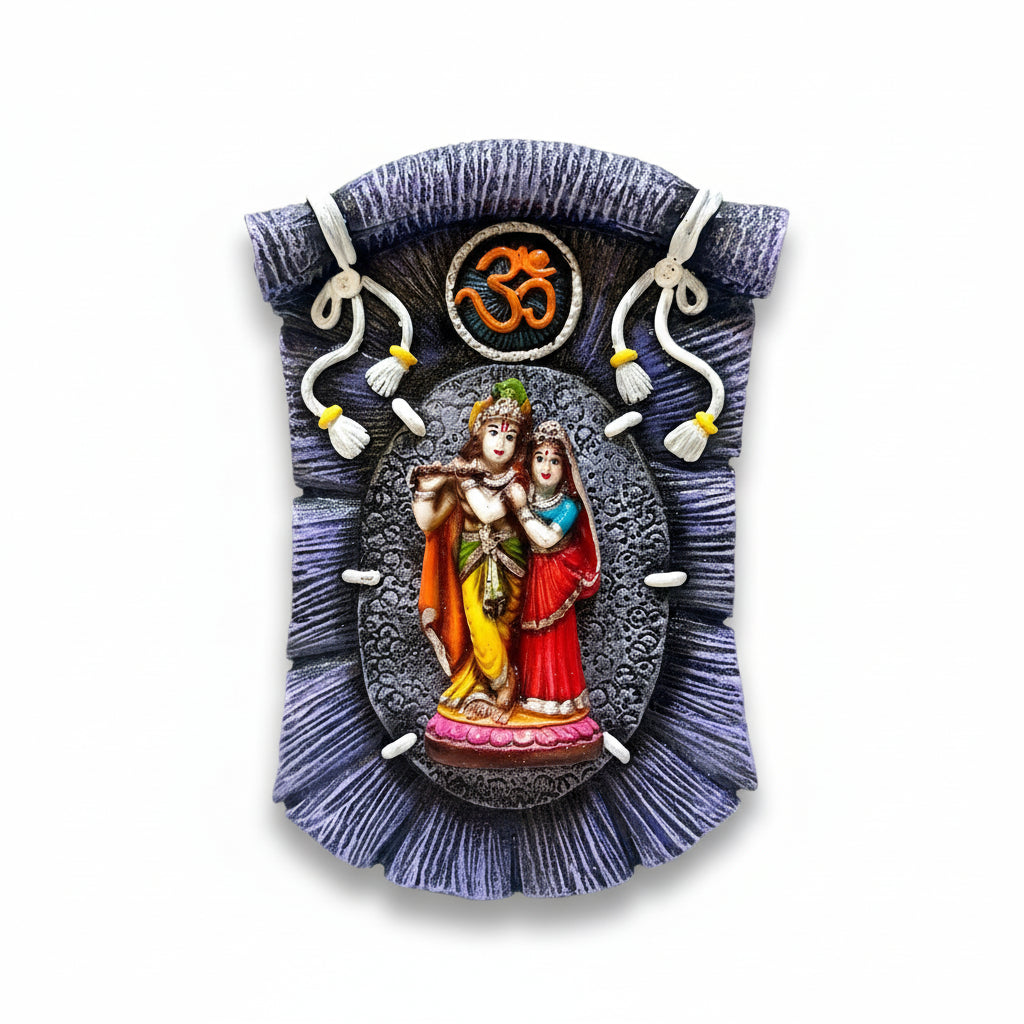Decorative wall hanging with figures and Om symbol on a white background