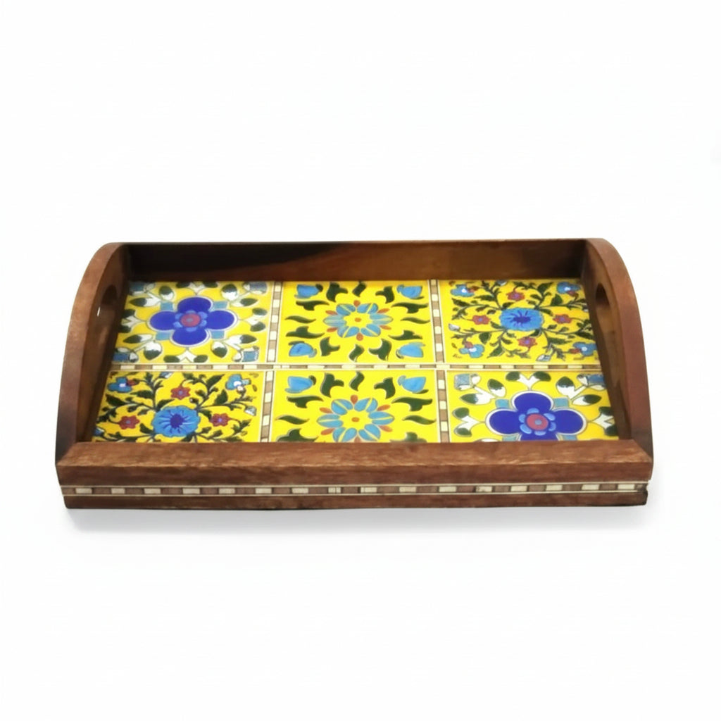 Premium Mango Wood Tray Blue Pottery Tiles Combined By Tamrapatra - Tamrapatra