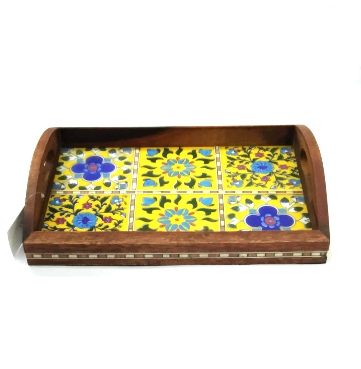 Premium Mango Wood Tray Blue Pottery Tiles Combined By Tamrapatra