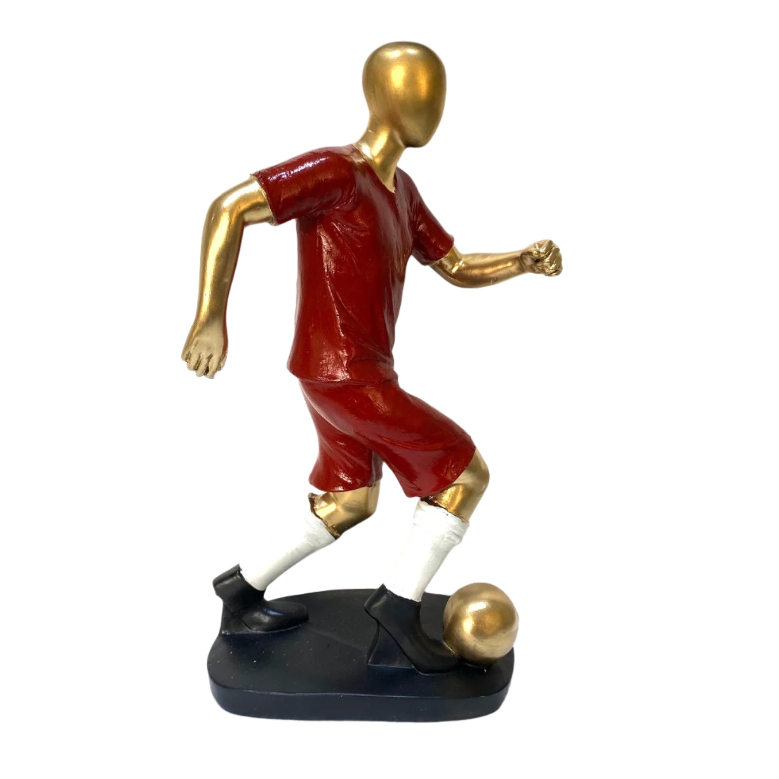 Statue of a soccer player in red and gold attire on a white background