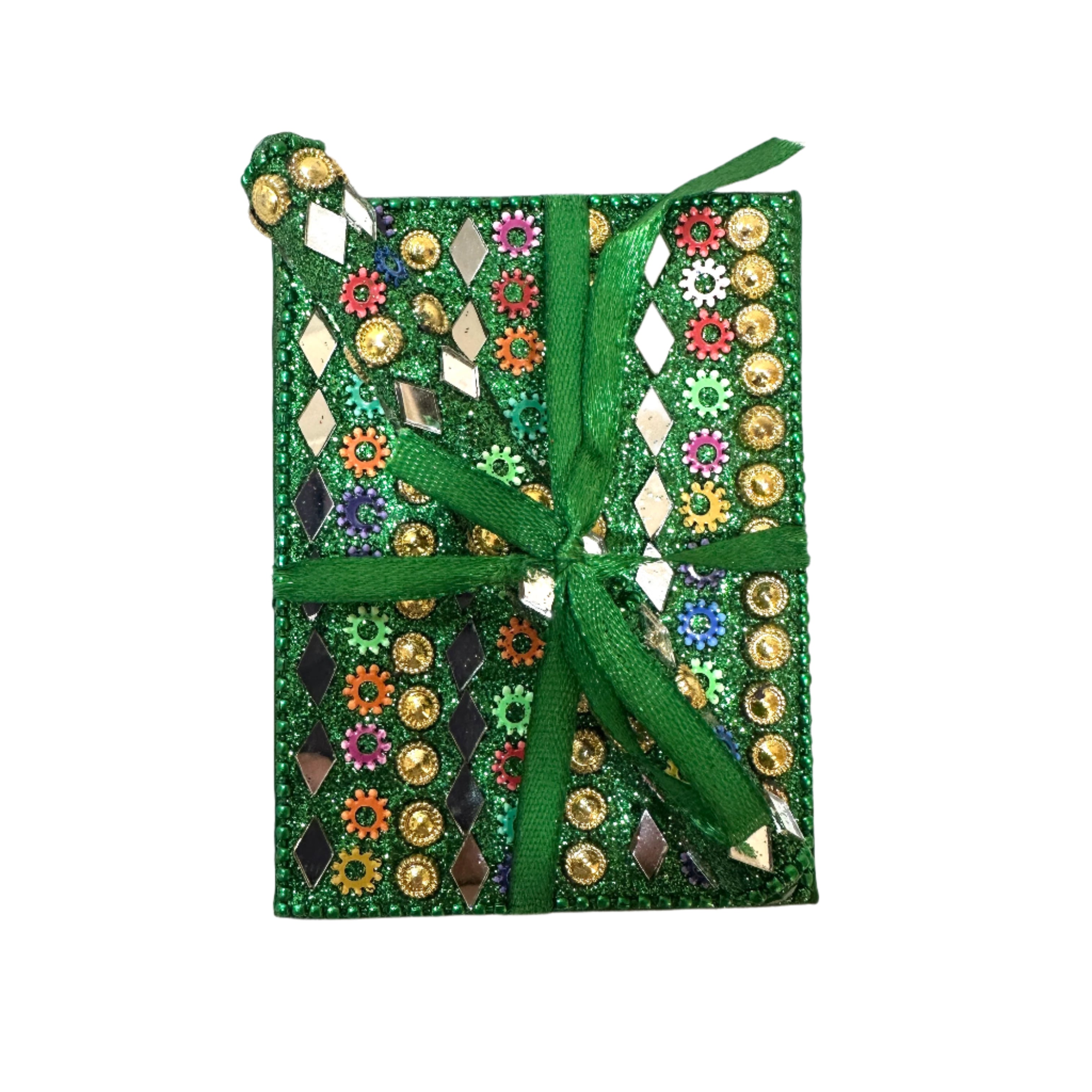 Decorative green gift box with a green ribbon on a white background