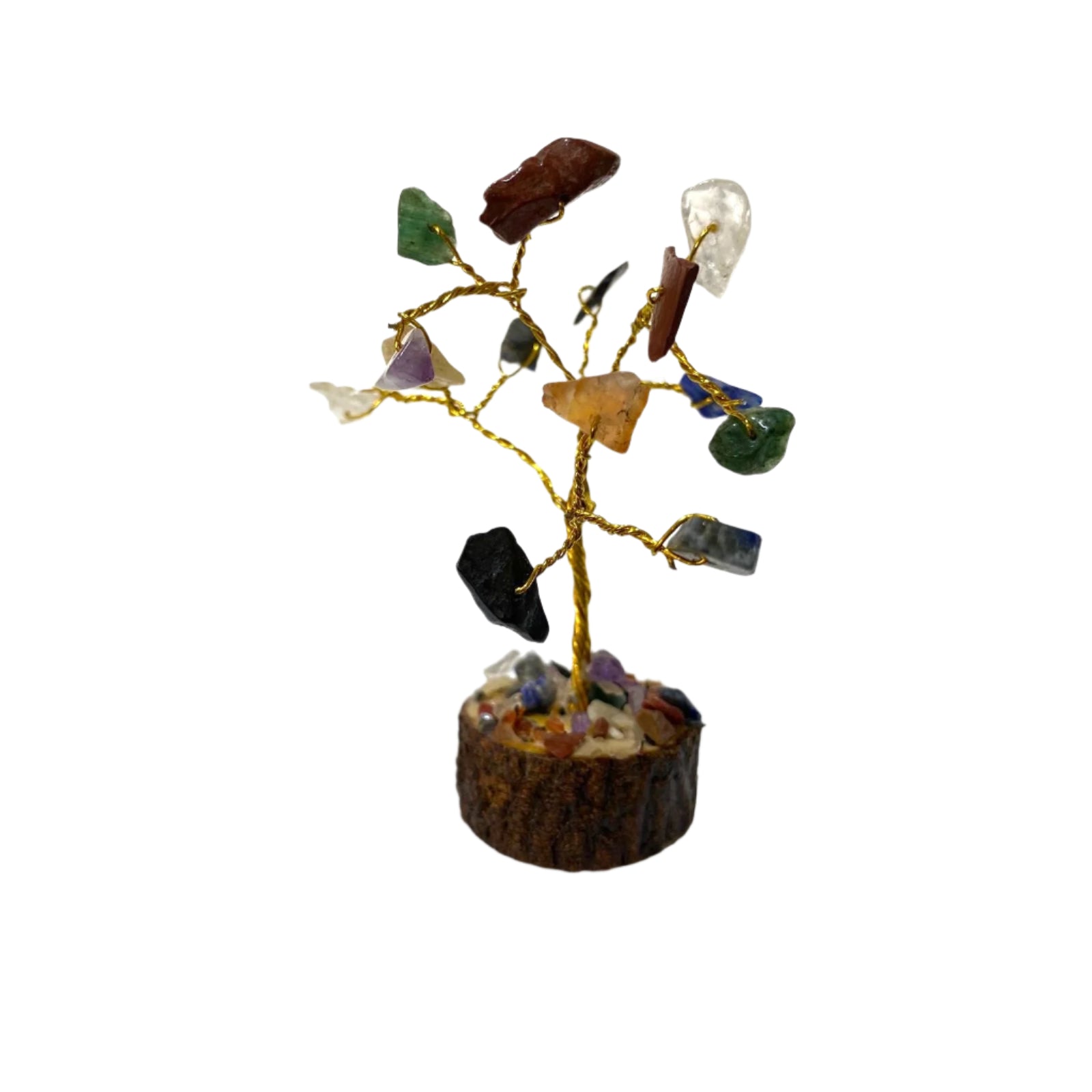 Crystal energy tree with various stones on a white background