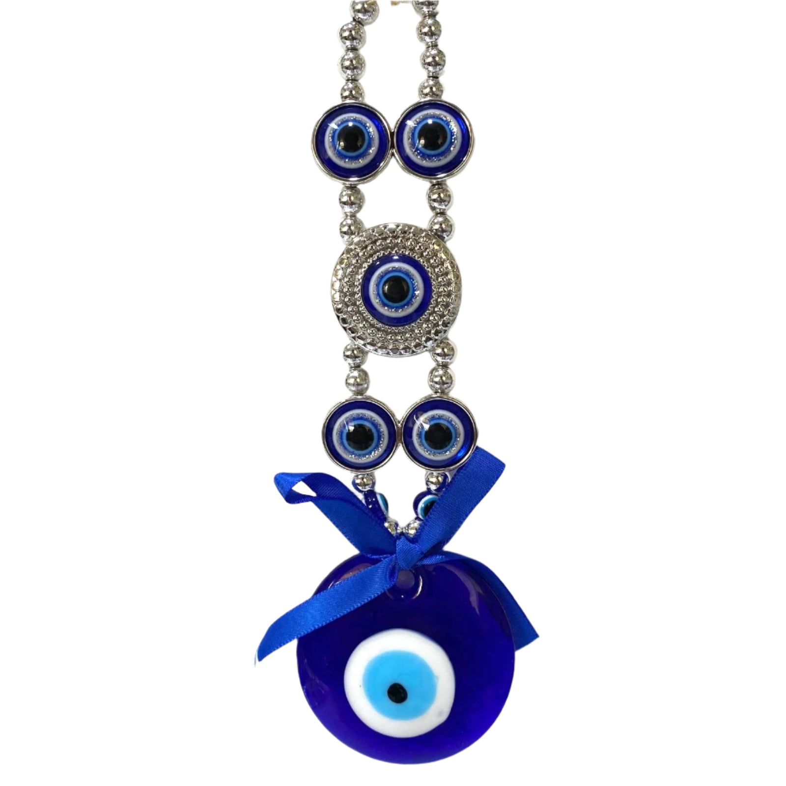 Necklace with blue evil eye charms on a white background