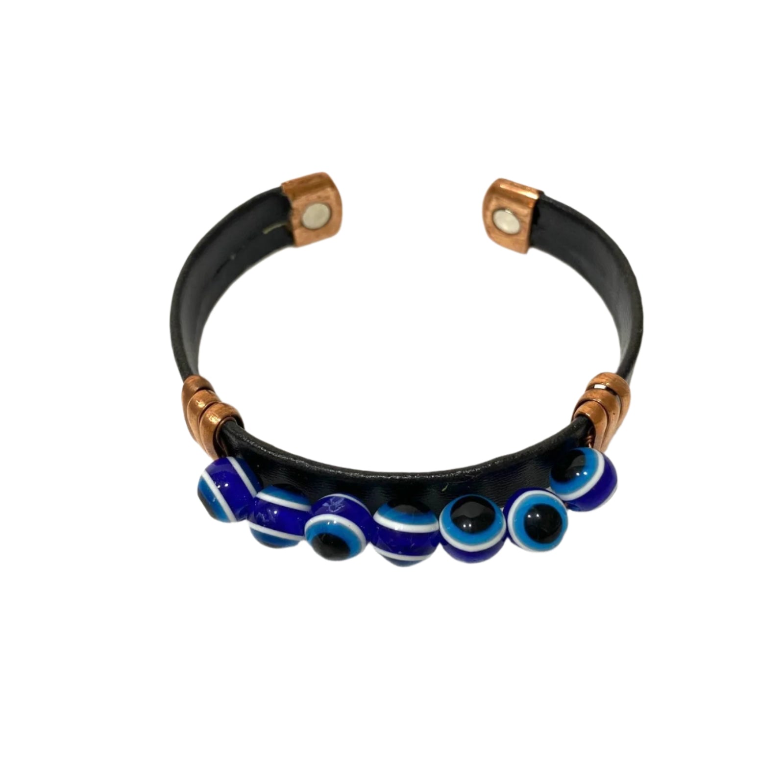 Black leather bracelet with blue beads on a white background