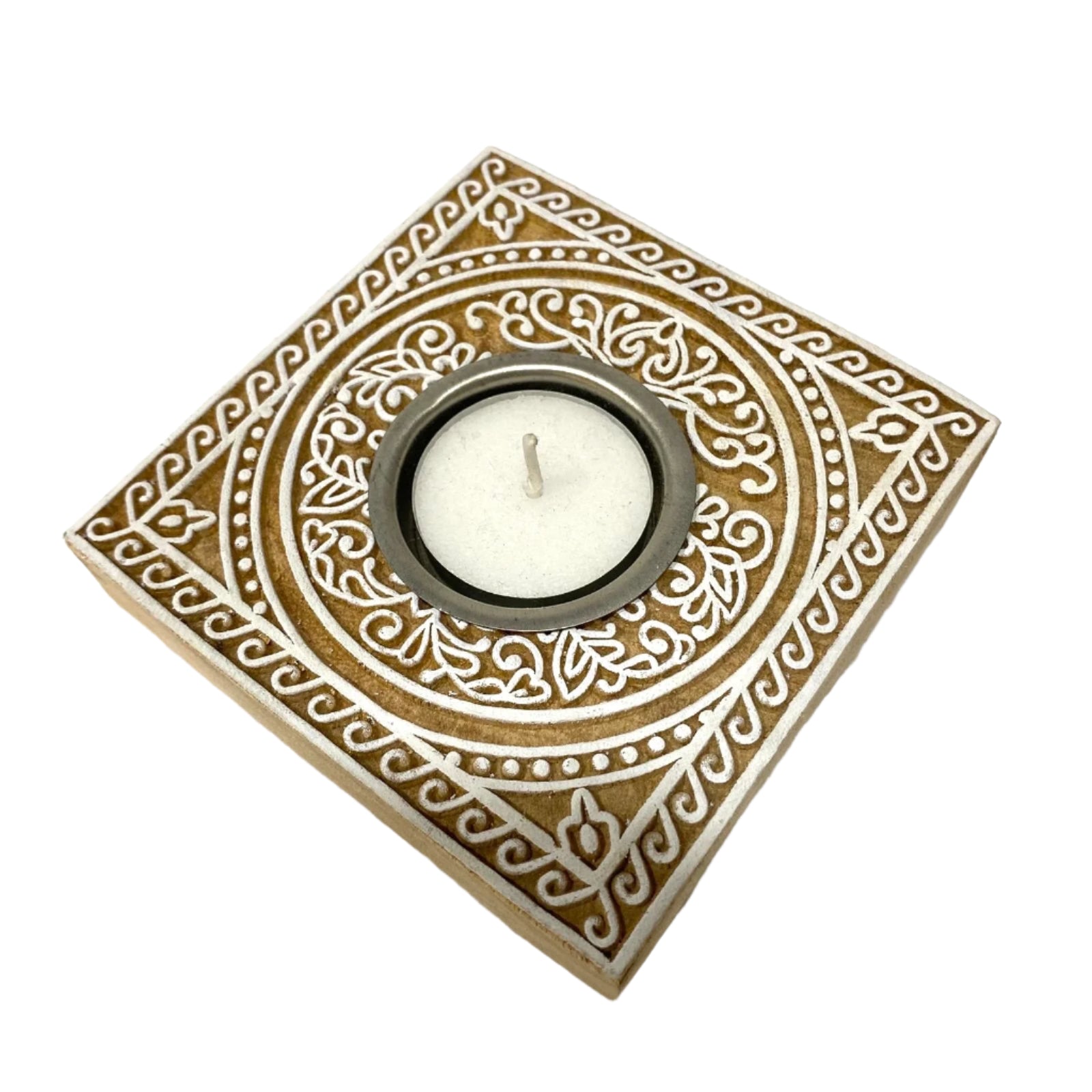 Decorative square candle holder with intricate patterns on a white background