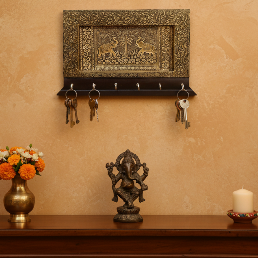 Brass Foil Elephant Authentic & Detailed Art On Wooden Key Holders By Tamrapatra - Tamrapatra
