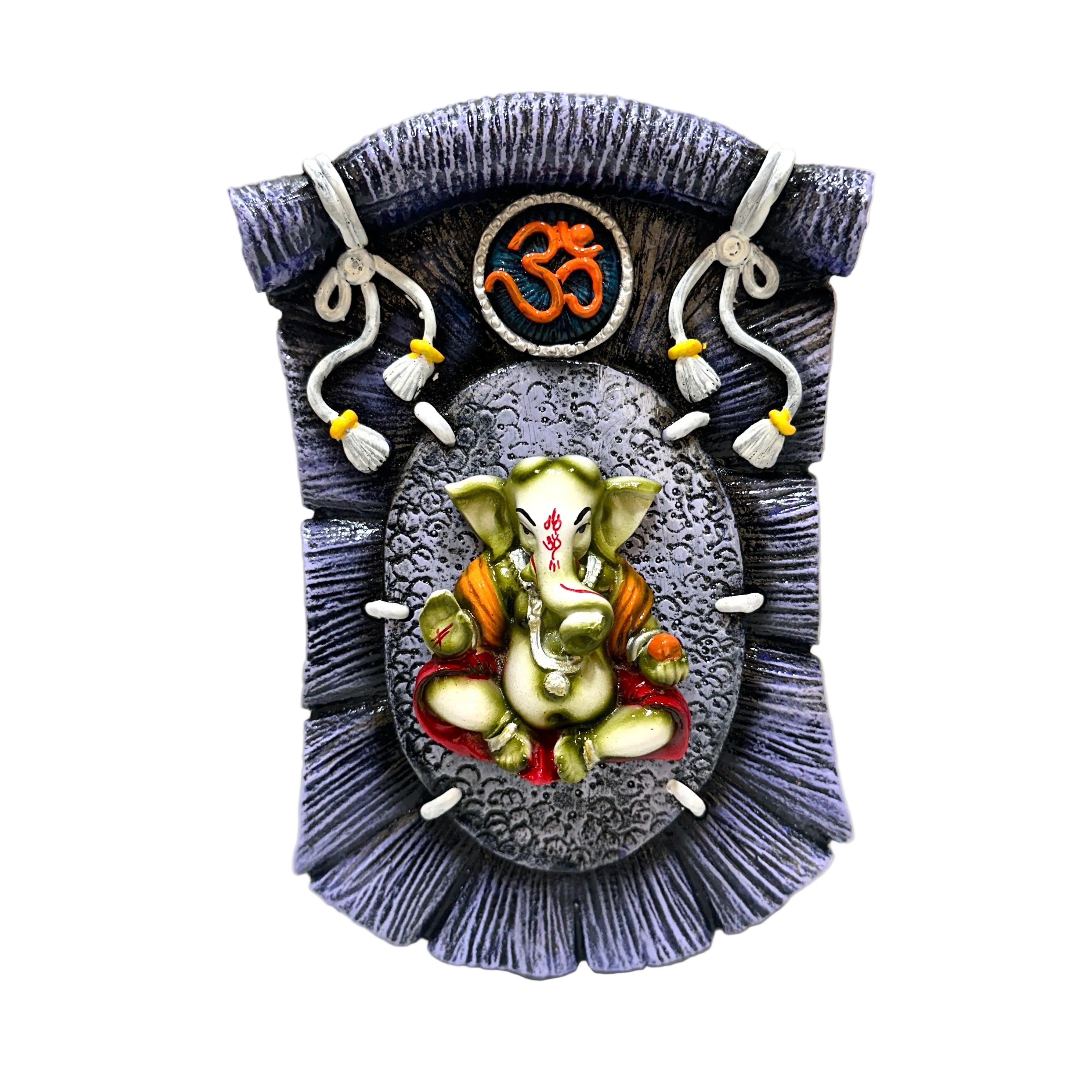Decorative wall hanging with a figure of Ganesha and Om symbol on a white background