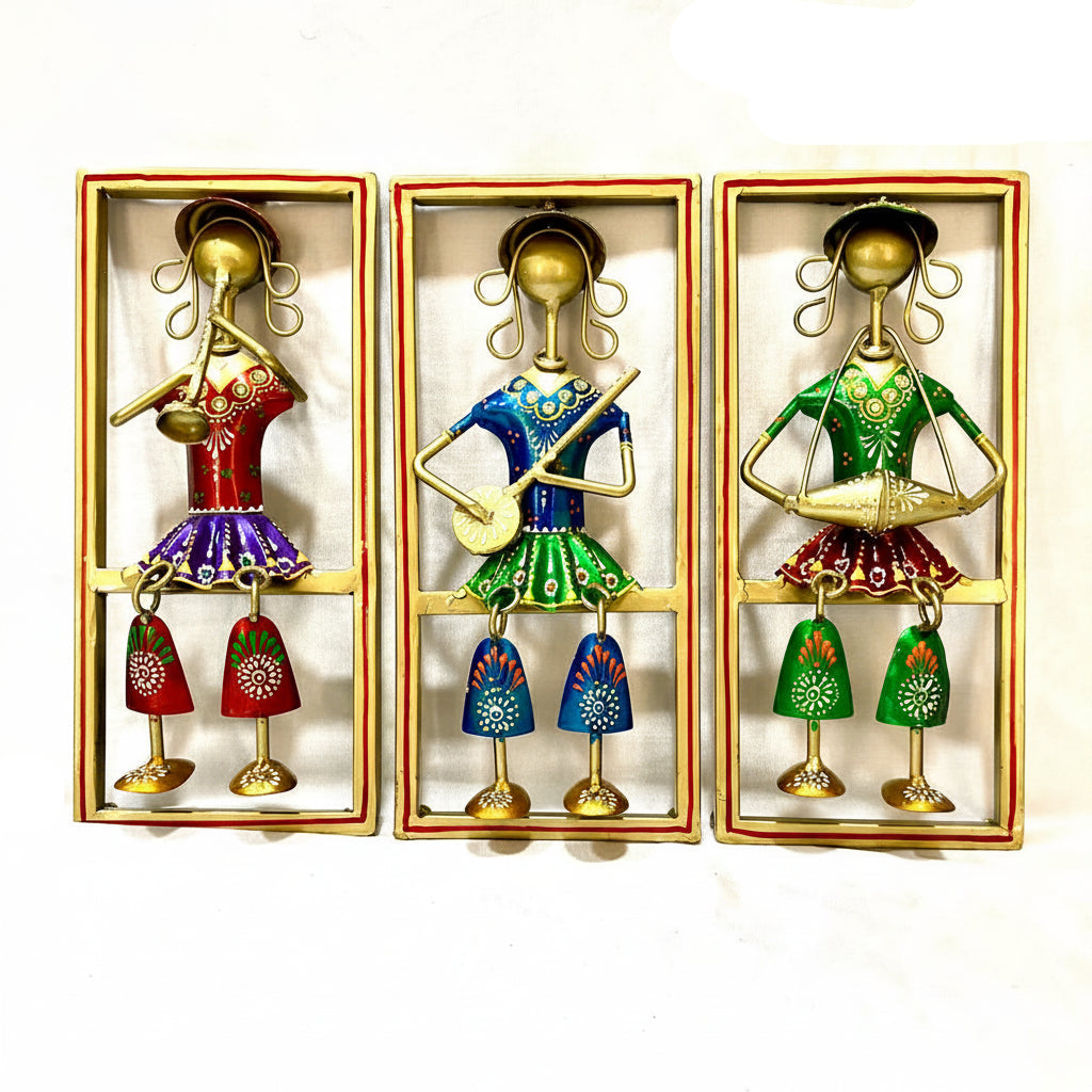 Sweet Little Girls Playing Musical Instrument Sitting Metal Décor Hanging Tamrapatra - Tamrapatra
