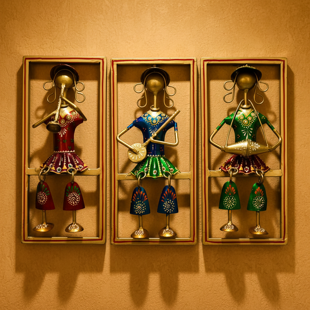Sweet Little Girls Playing Musical Instrument Sitting Metal Décor Hanging Tamrapatra - Tamrapatra
