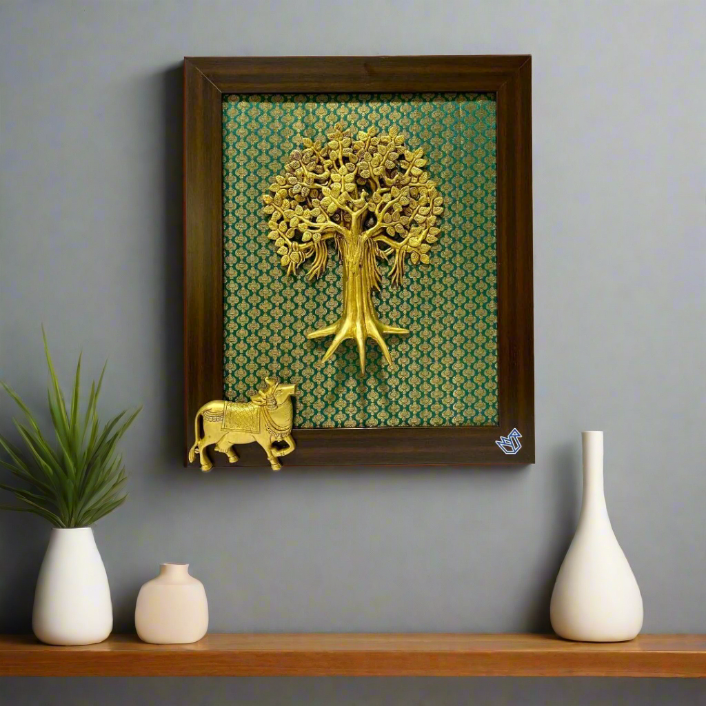 Decorative wall art with gold tree and bull on a patterned background