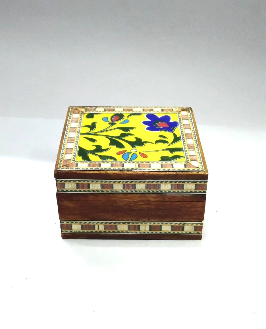 Single Blue Pottery Tile Wooden Box Storage Utility Handcrafted From Tamrapatra