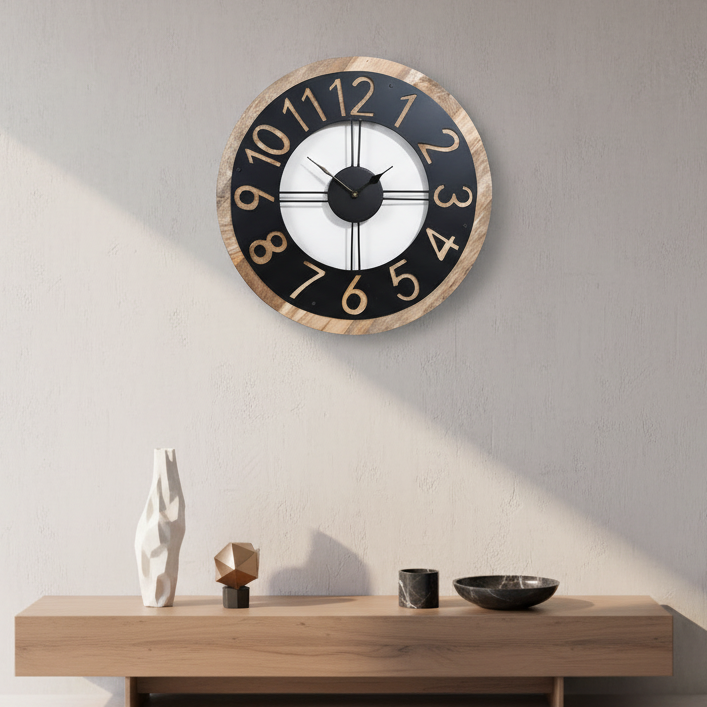 Modern Clock Metal In Classic Black & Gold Designer Wall Décor Tamrapatra - Tamrapatra