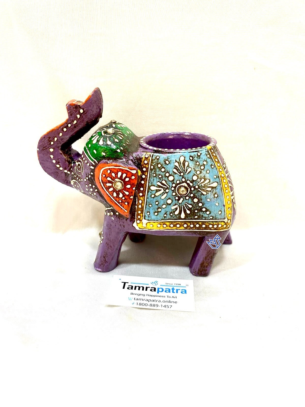 Elephant Tea Light Holder Hand Painted & Carved Wood Collection By Tamrapatra