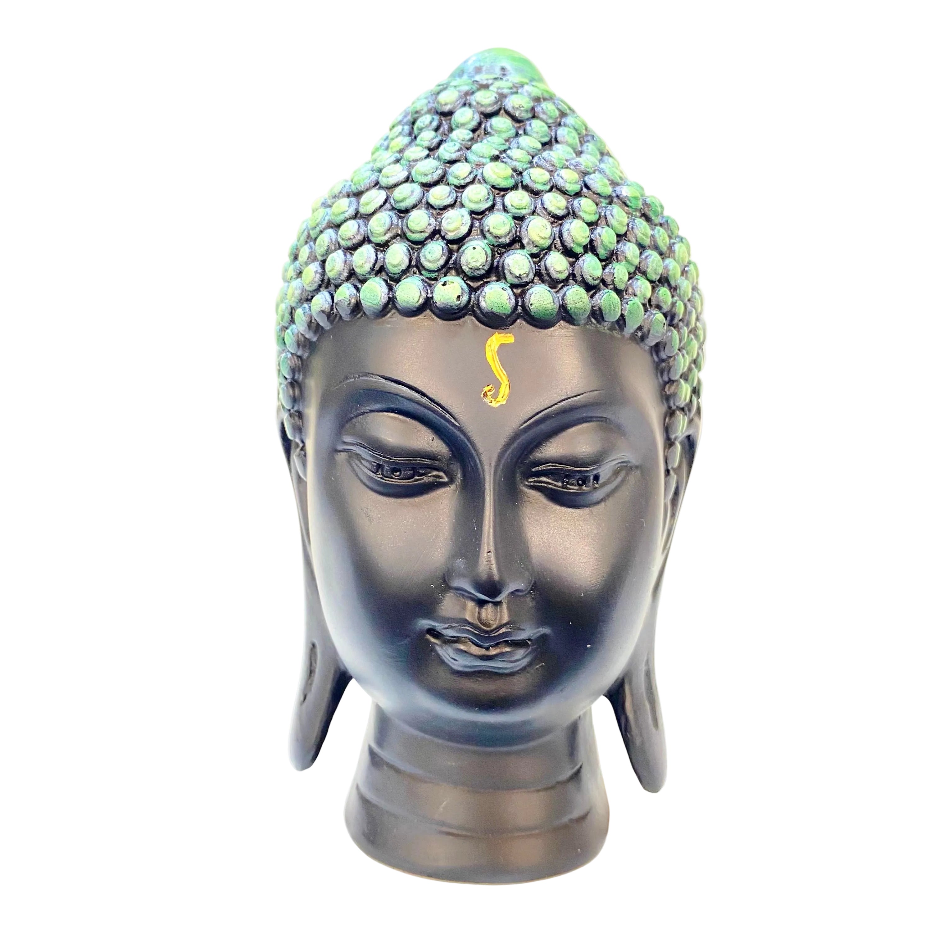 Buddha head sculpture with green and blue patterned hair on a white background