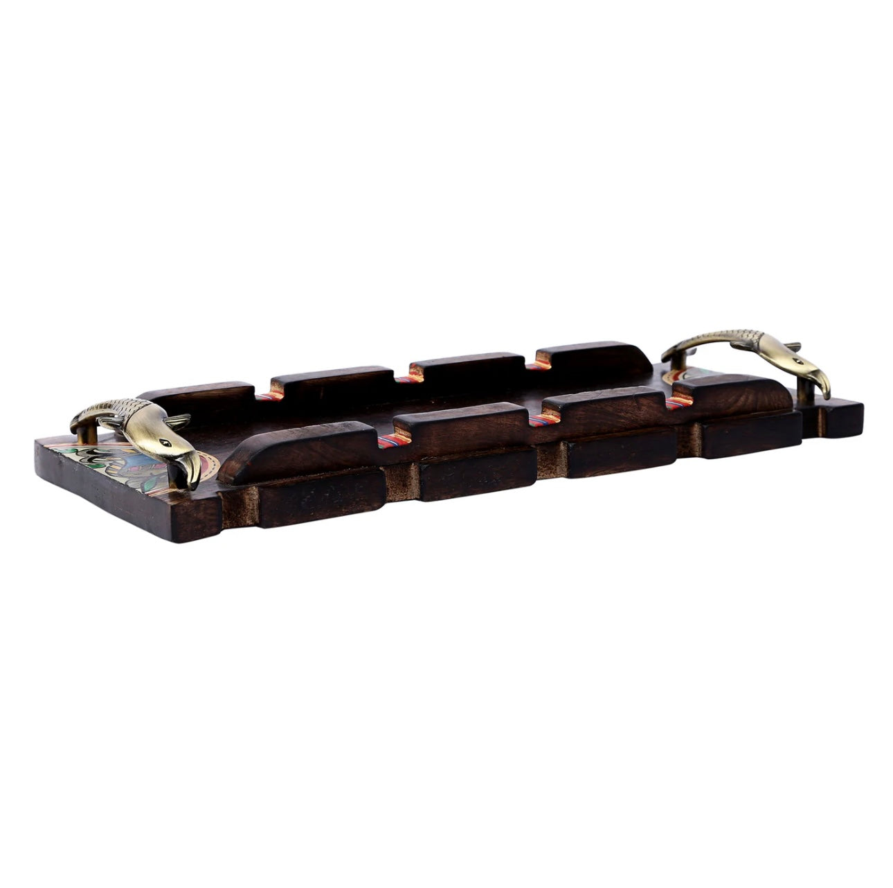 Classy Brown Wooden Tray Long HandPainted Sturdy Handles Utility By Tamrapatra