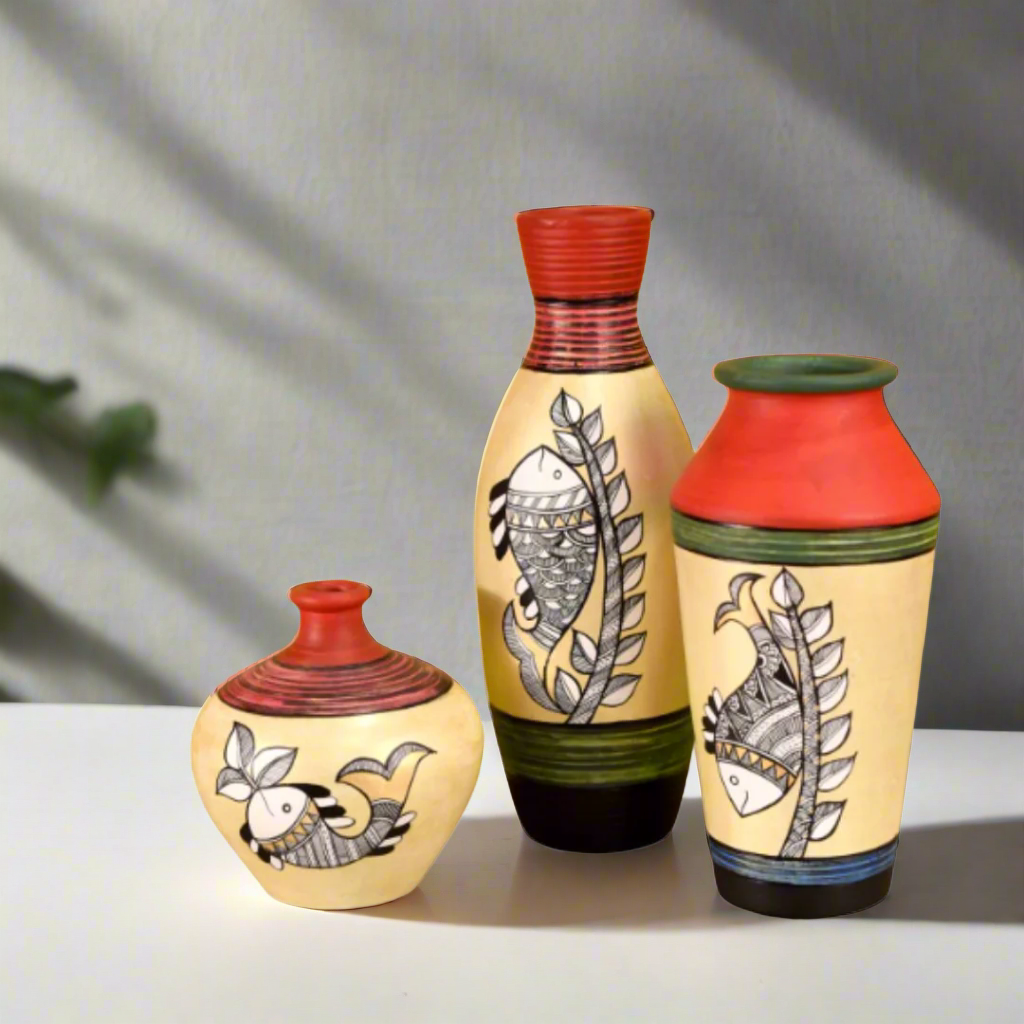 Set of three decorative vases with fish designs on a white background