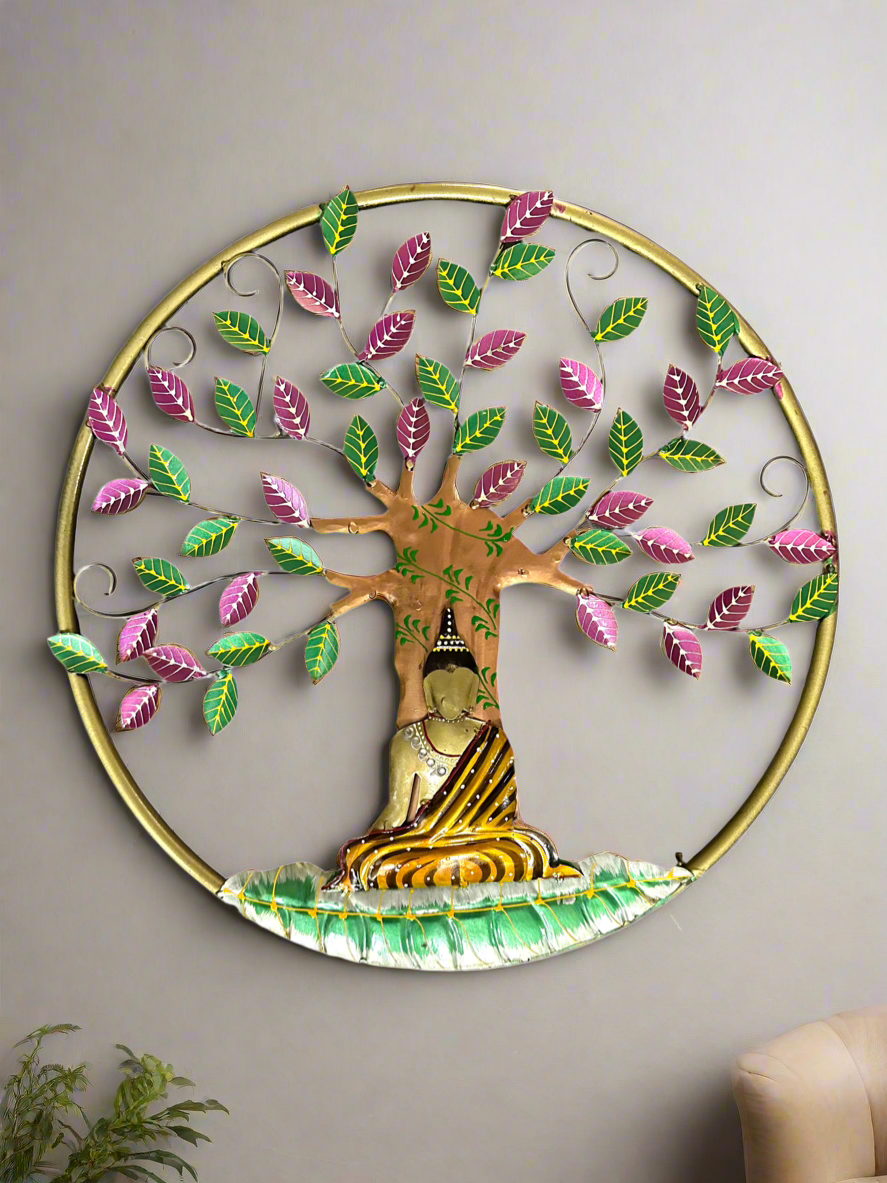 Buddha Krishna Sitting Under Tree Metal Art Wall Hangings Round Design Tamrapatra