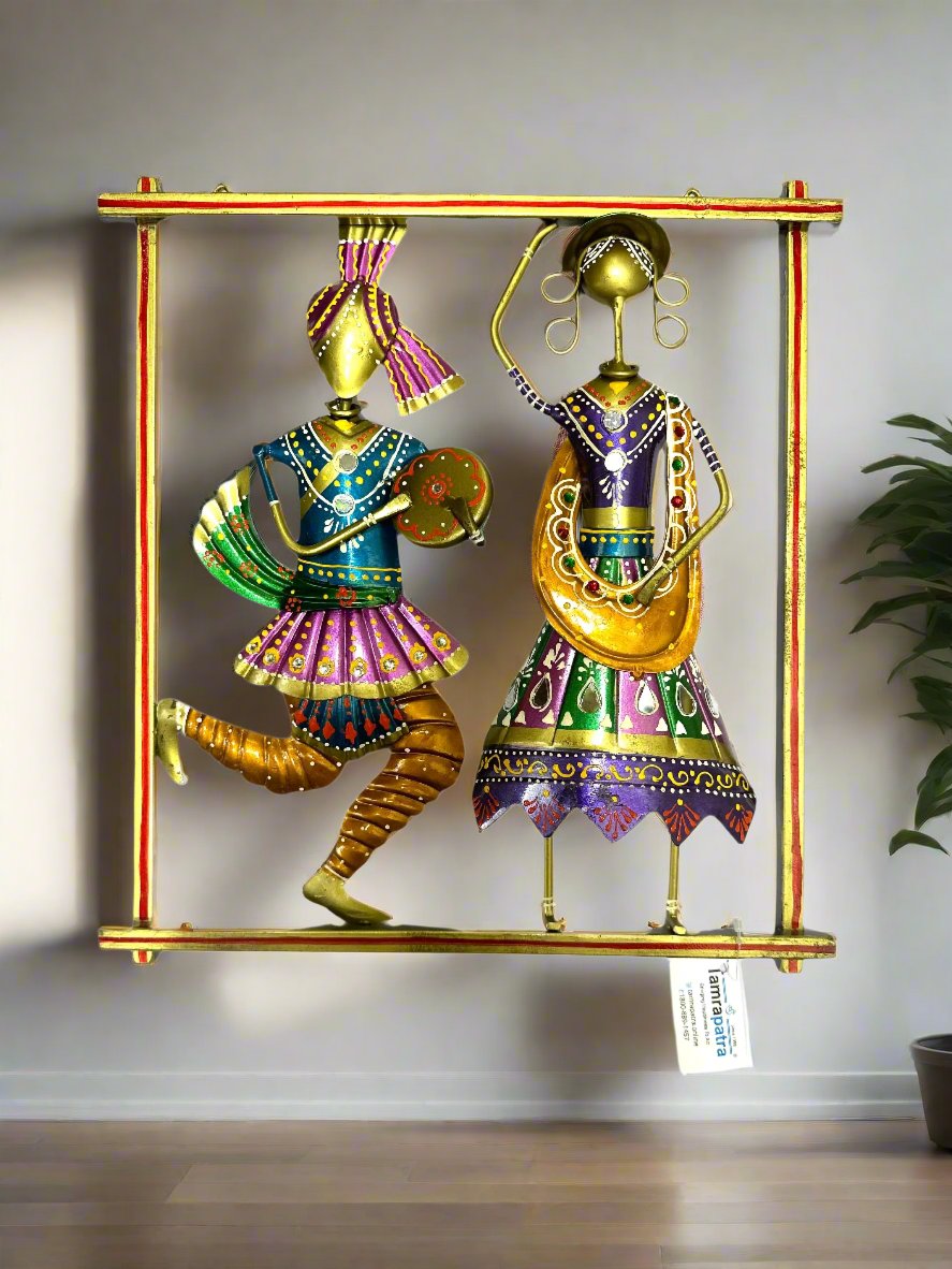 Dancing Colorfully Designer Traditional Art Vertical Metal Frame From Tamrapatra