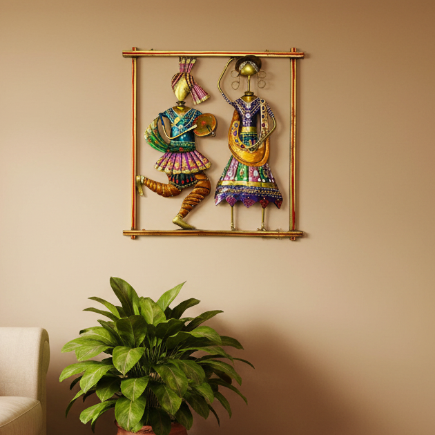 Dancing Colorfully Designer Traditional Art Vertical Metal Frame From Tamrapatra