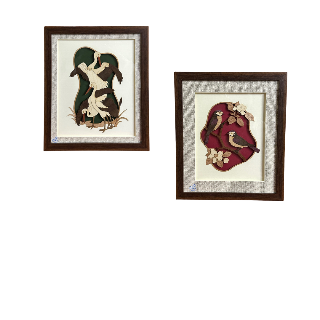 Two framed artworks with abstract designs on a white background