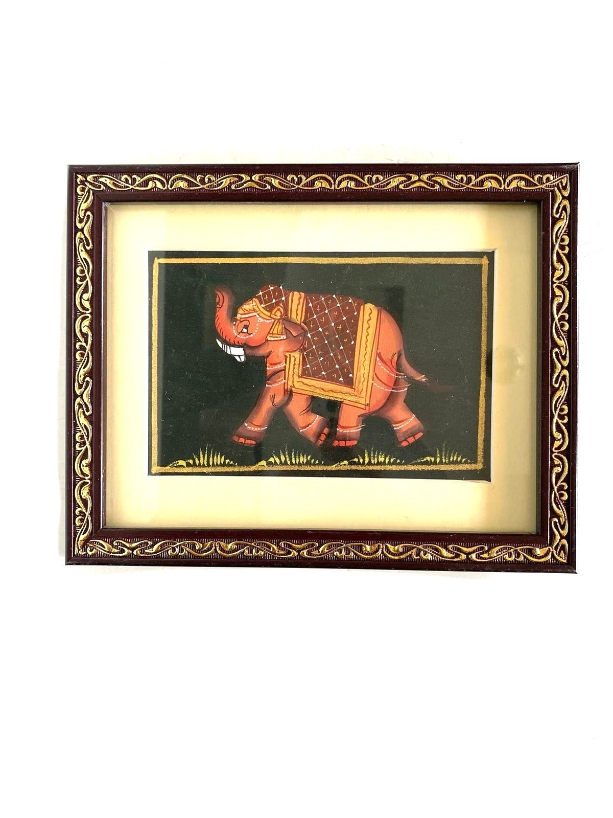 Hand Painted Elephants On Cloth Enclosed In Frame Hangings From Tamrapatra