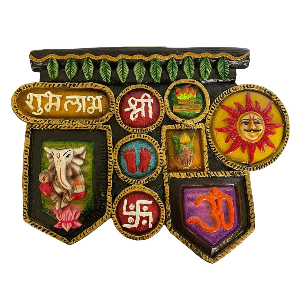 A colorful handcrafted decorative hanging featuring various symbols and deities in a Vastu frame.