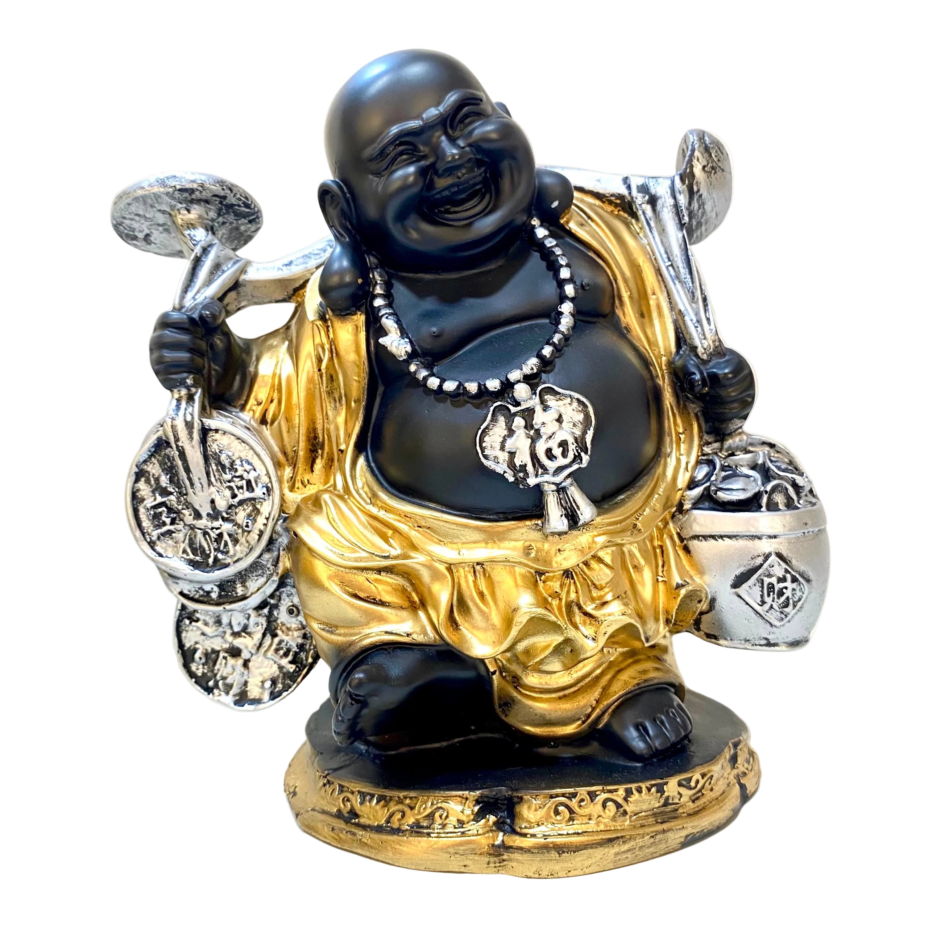 Statue of a laughing Buddha holding coins on a white surface.