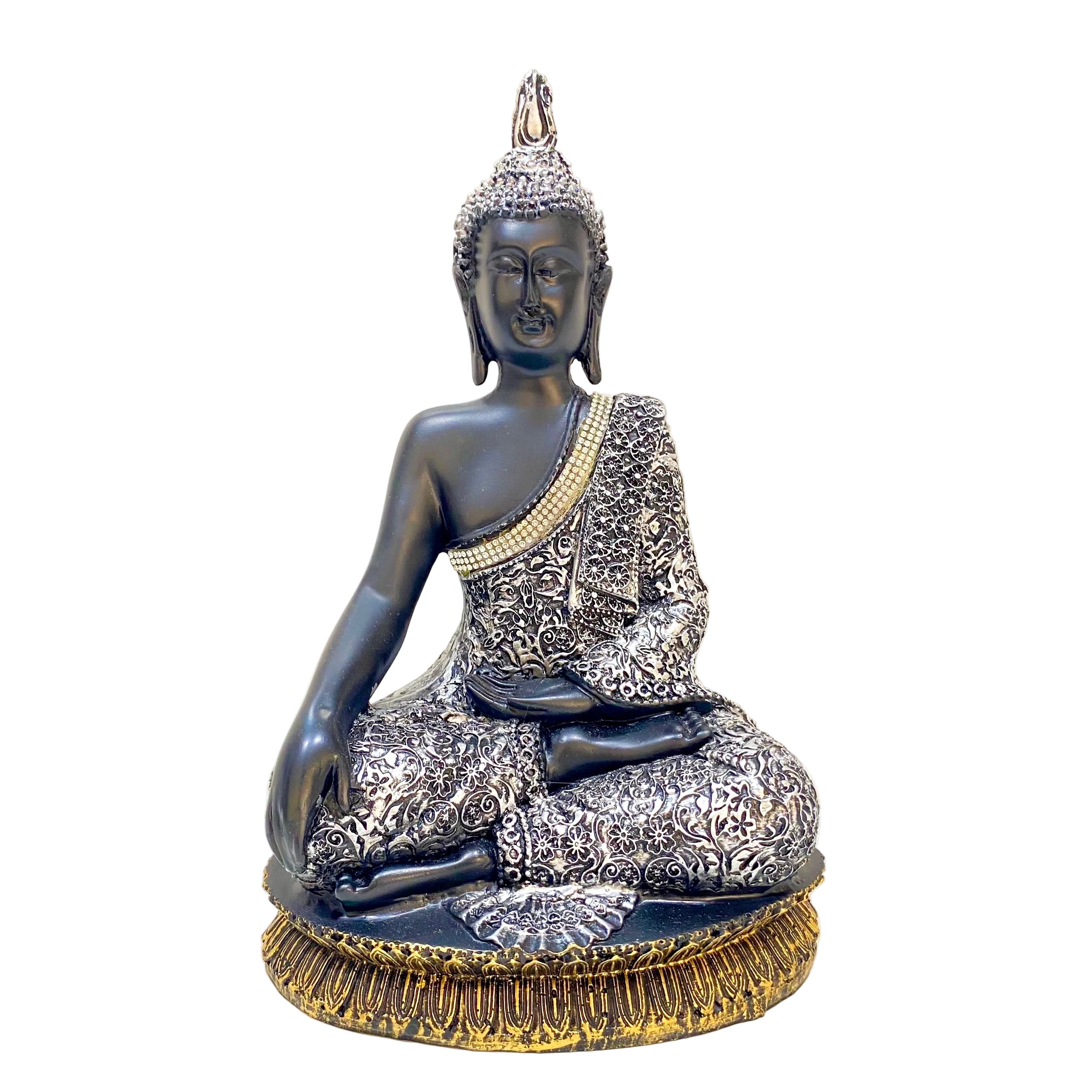 Decorative Buddha statue with intricate designs on a plain background