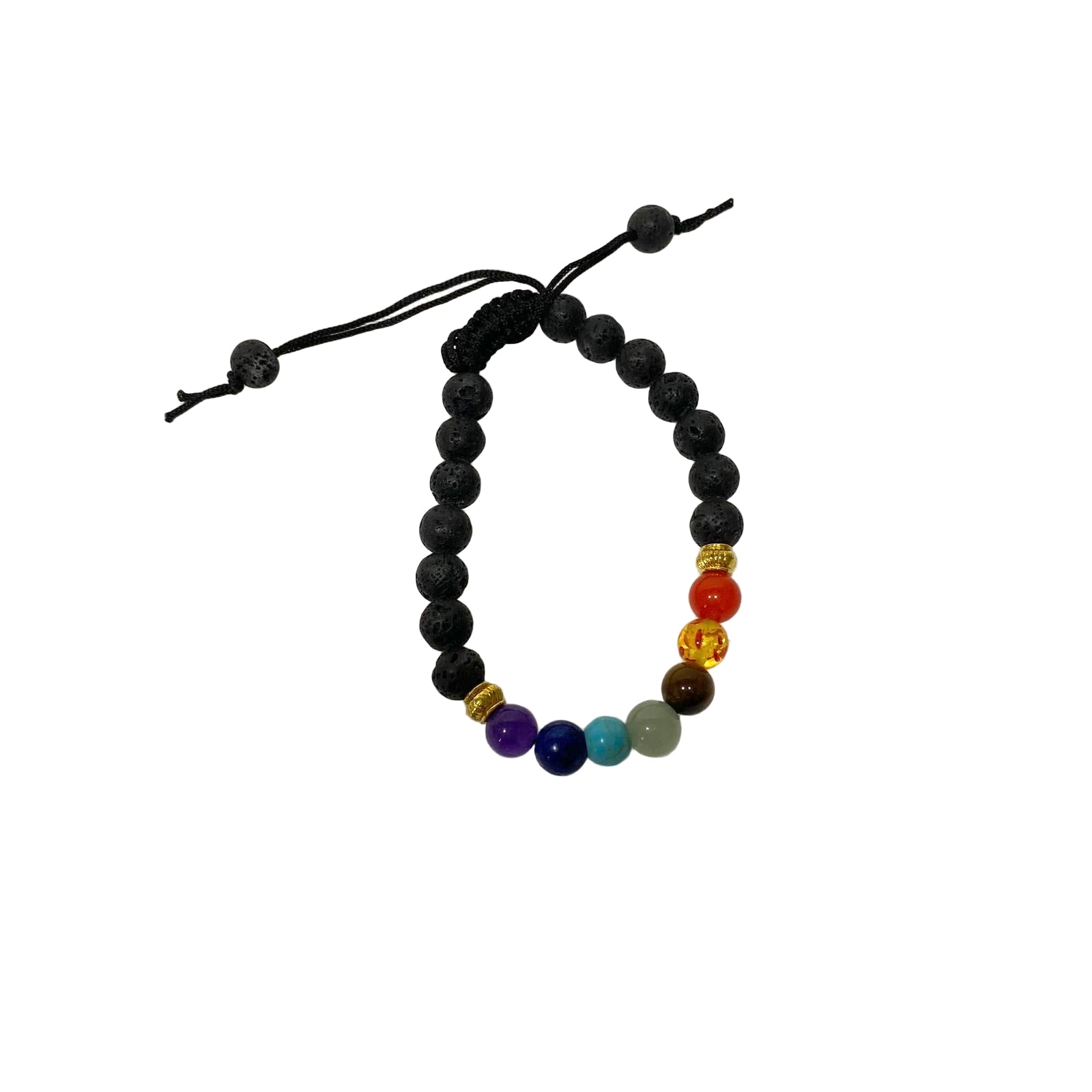 Black beaded bracelet with colorful beads on a white background