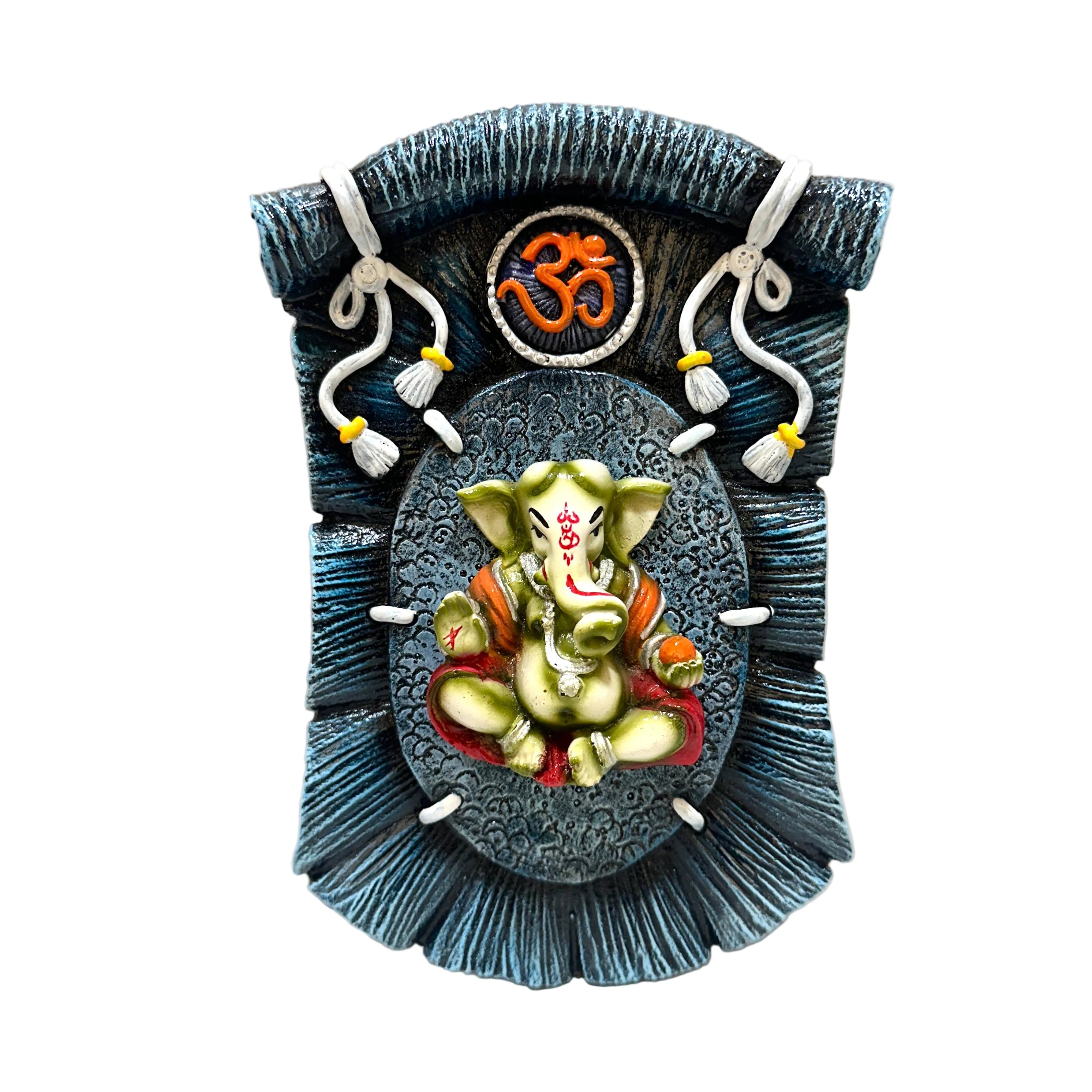 Decorative wall art with a deity figure and Om symbol on a textured blue background.