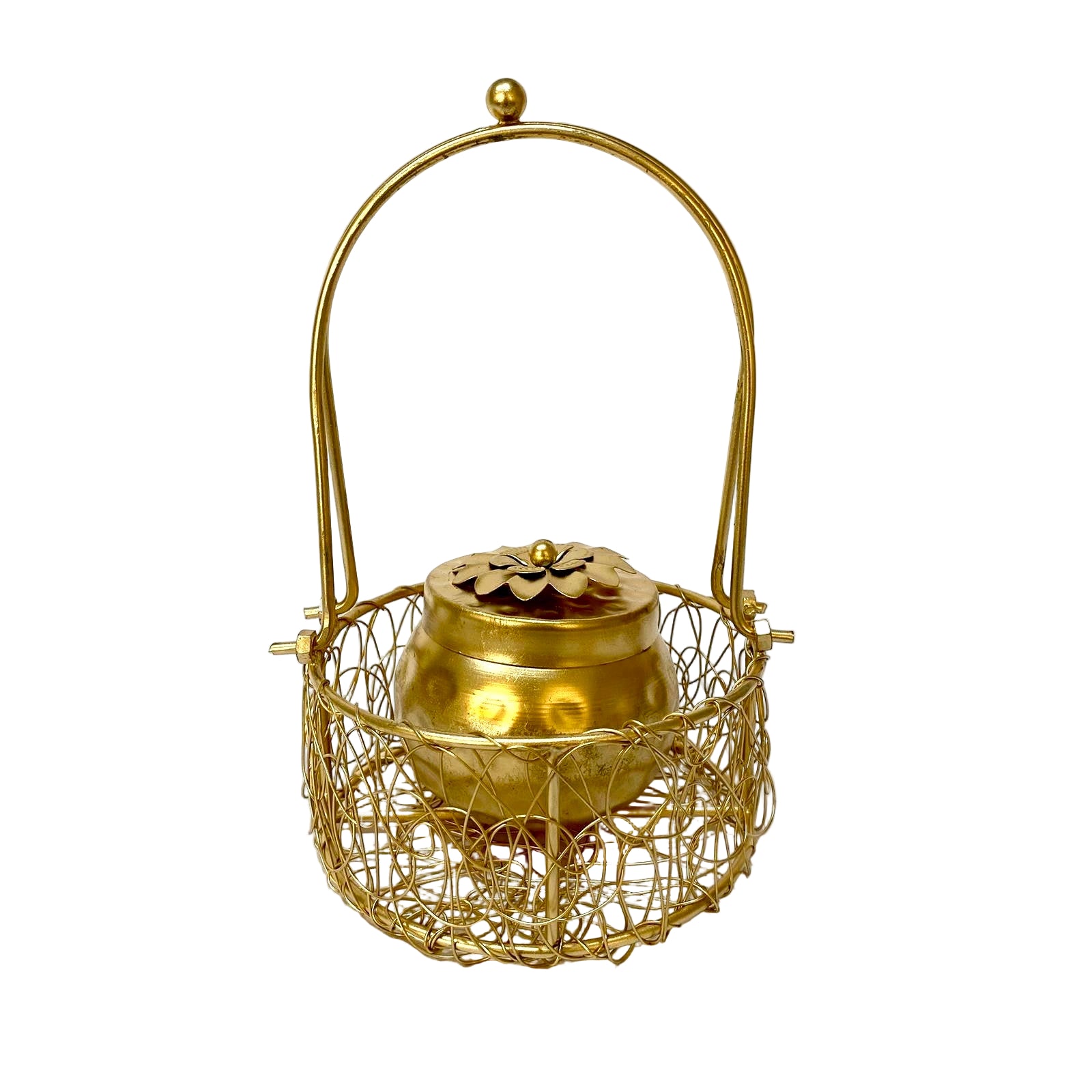 Metal Hammered Jar Handi Style With Mesh Carry Basket Gifting's By Tamrapatra