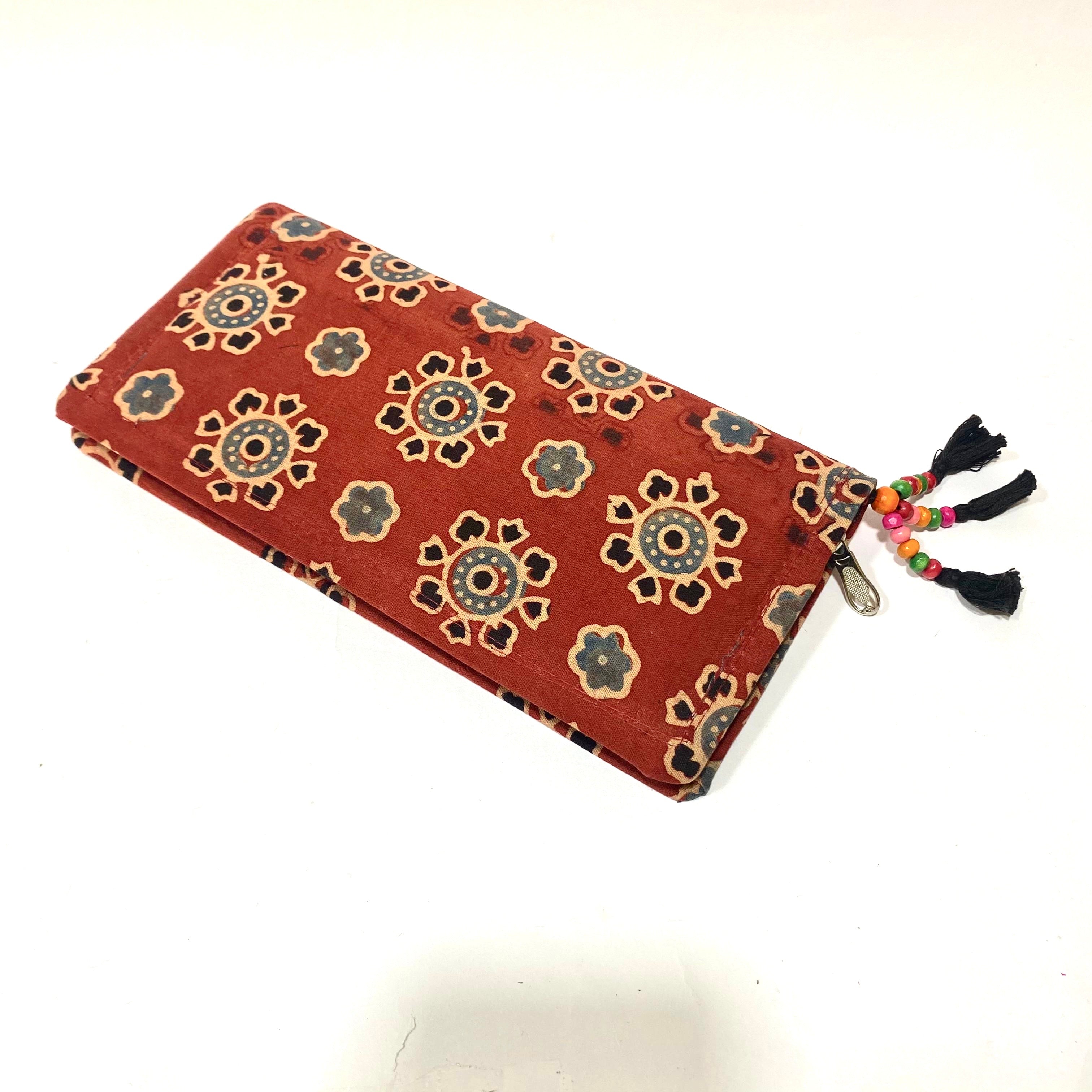 Cotton Embroidery Block Print Purse With Mirrors Styled With Beads By Tamrapatra