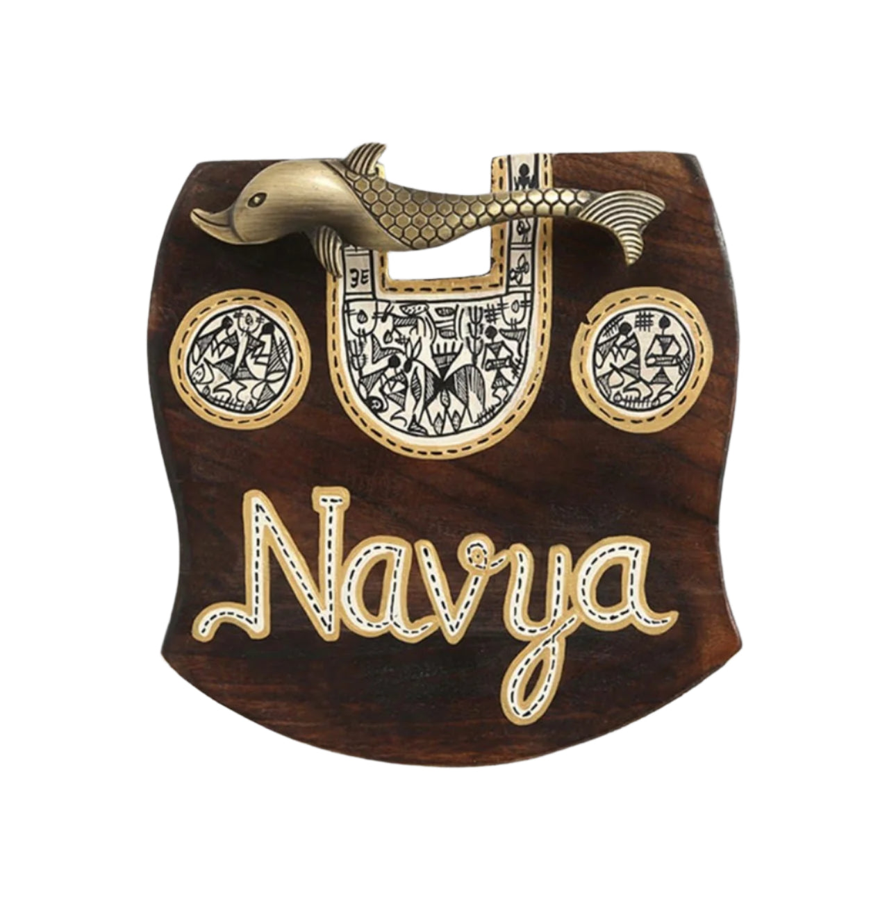 Wooden Name Plate With Brass Fish Handle Warli Creation New By Tamrapatra