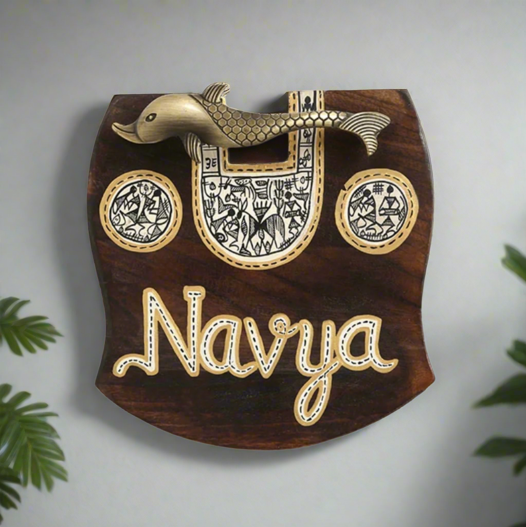 Wooden Name Plate With Brass Fish Handle Warli Creation New By Tamrapatra