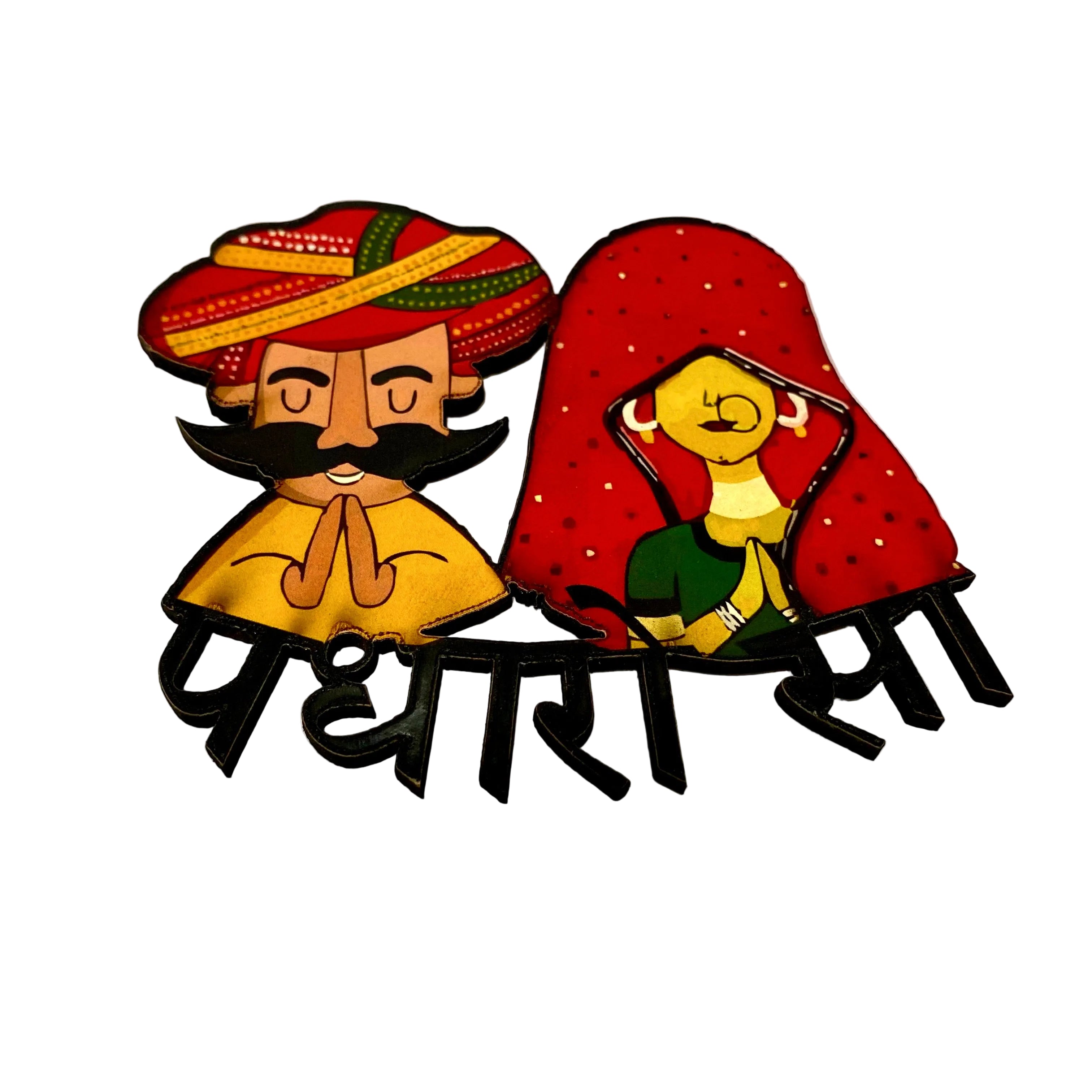 Decorative brooches of a man and woman with traditional attire on a white background