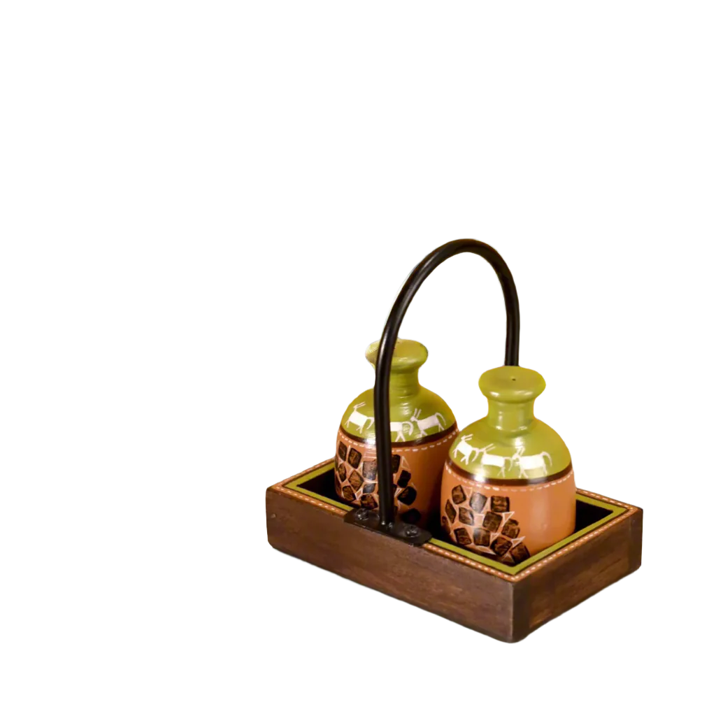 Salt Pepper Terracotta Shakers With Wooden Tray Handcrafted Utility By Tamrapatra