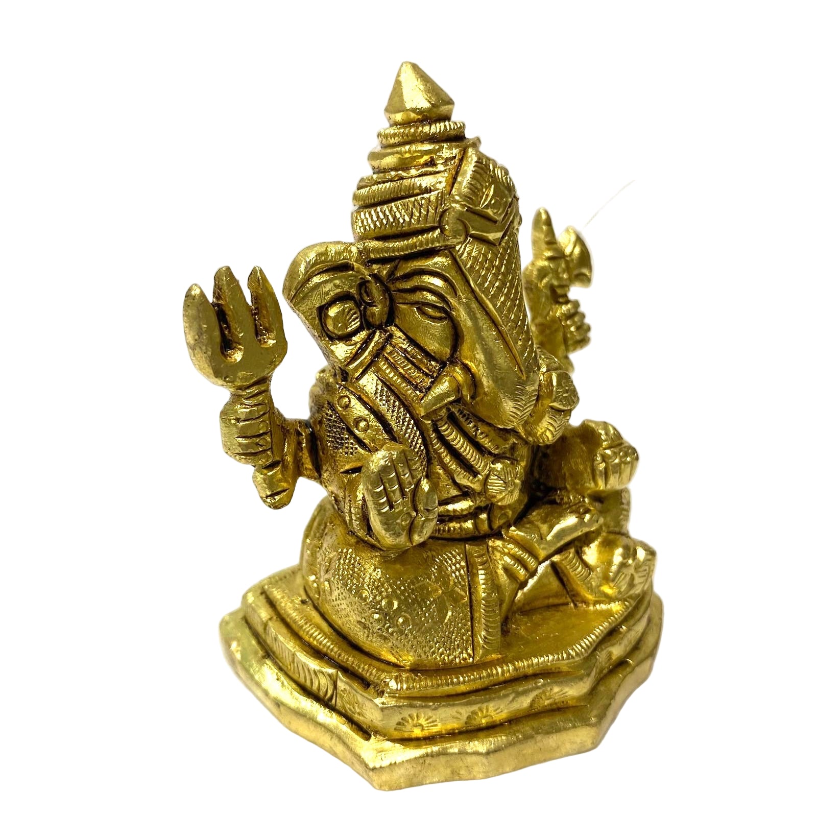 Gold-colored statue of a deity on a white background