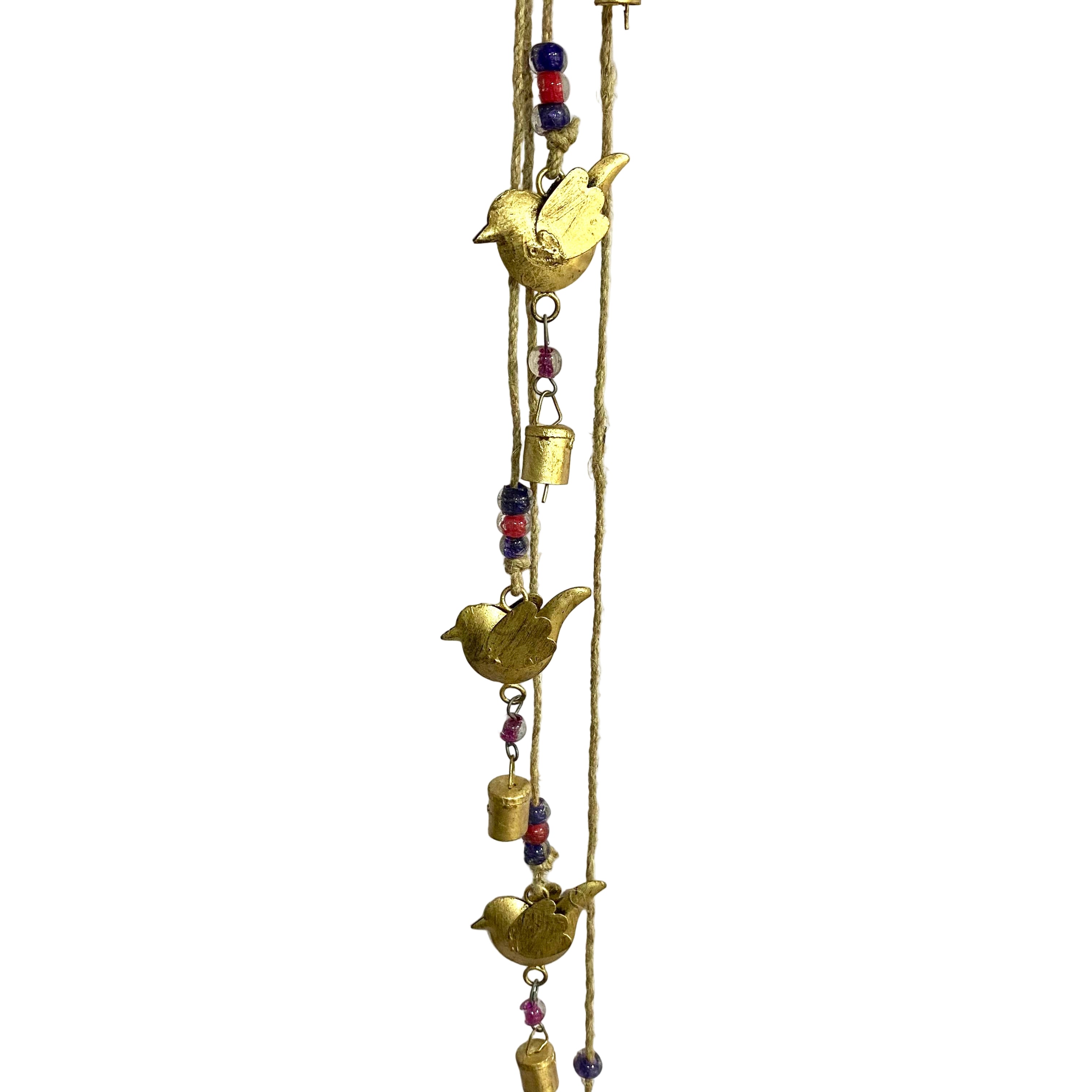 Necklace with gold bird pendants and colorful beads on a white background
